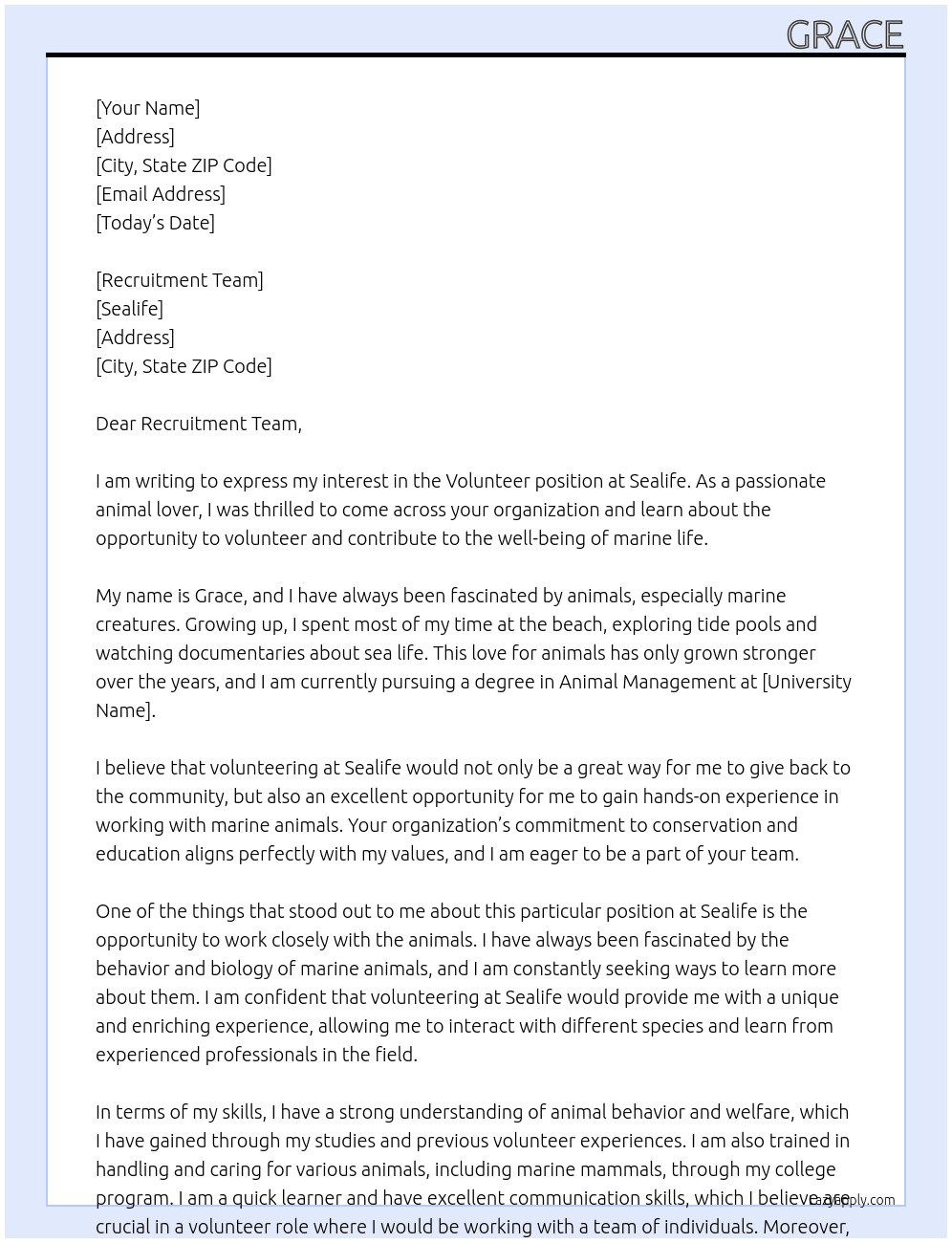 Volunteer  At Sealife Cover Letter