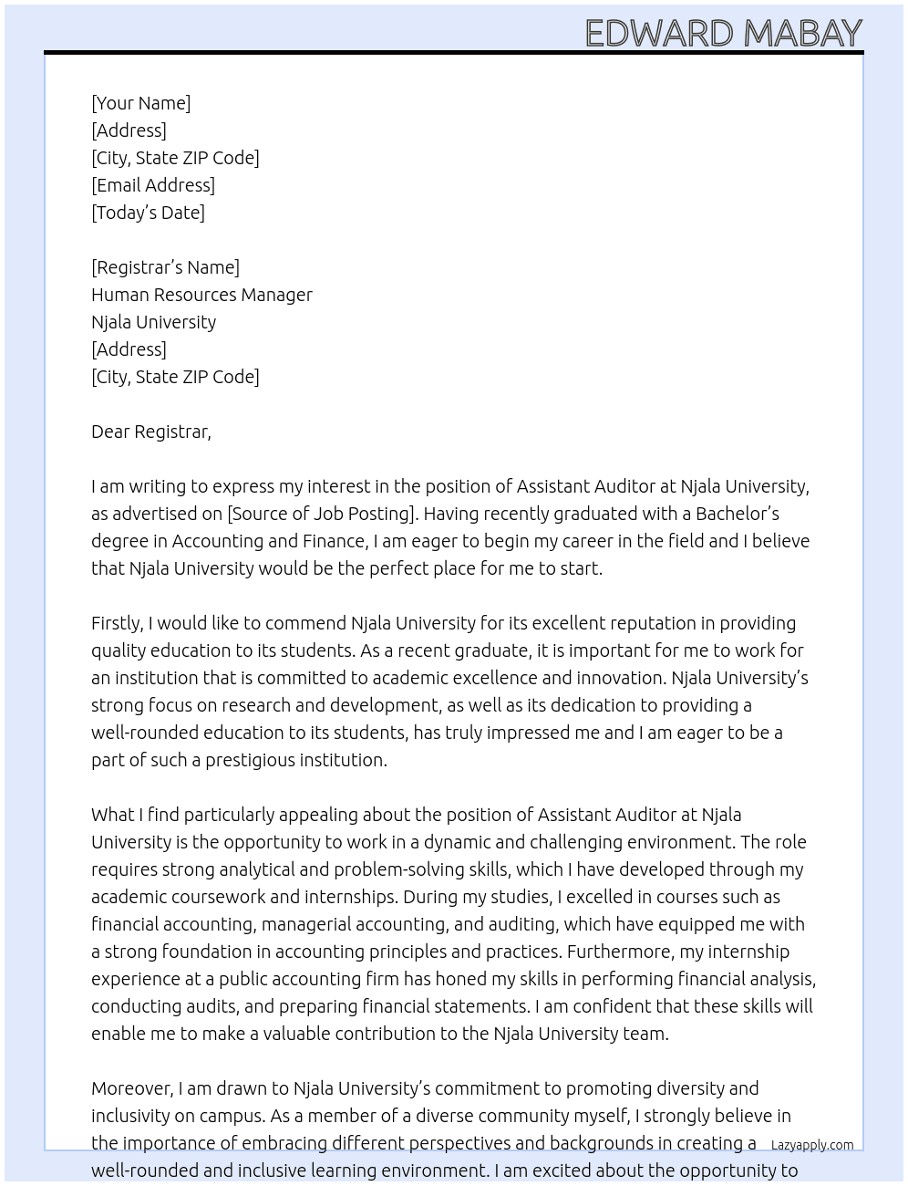 Assistant Auditor At Njala University Cover Letter