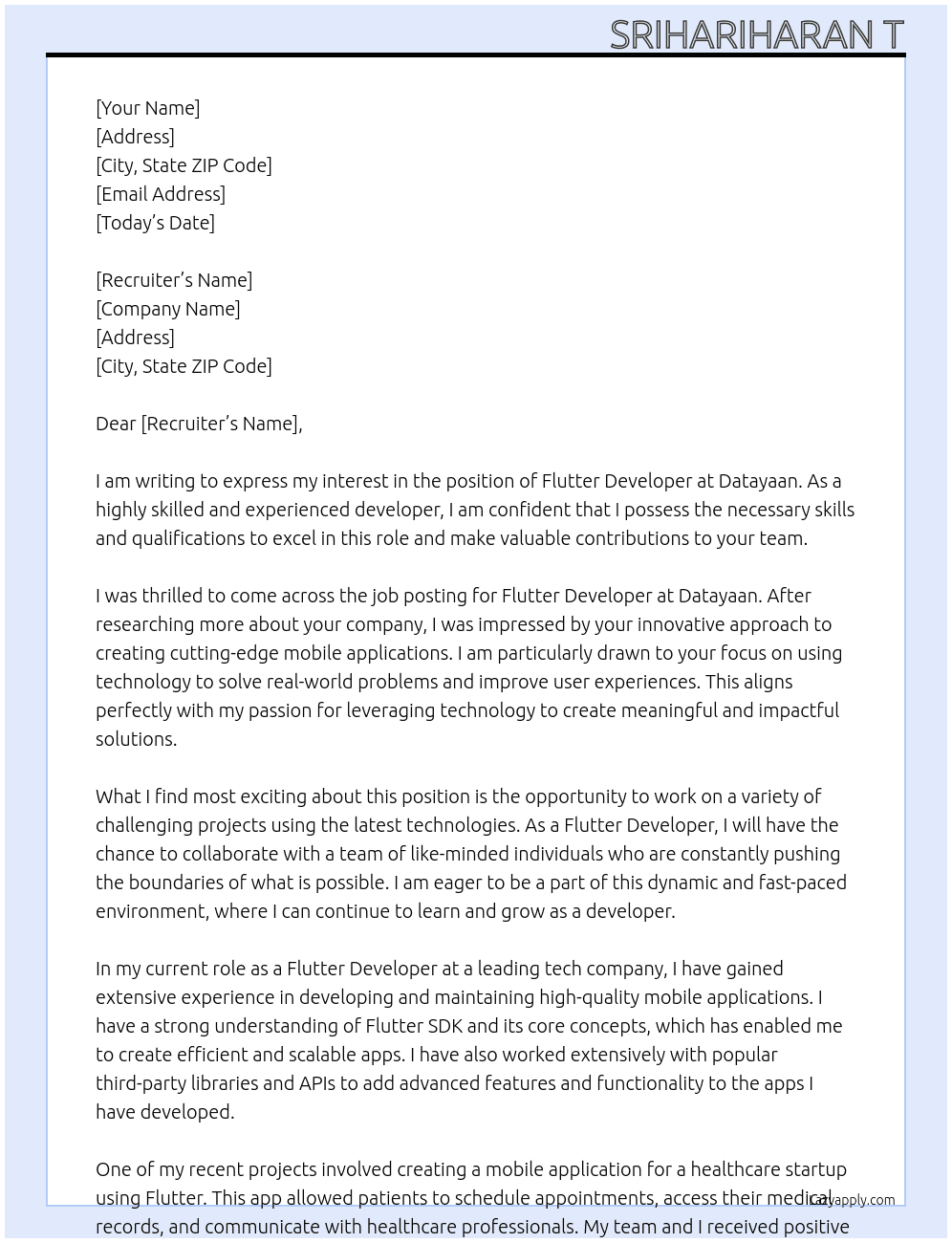 Flutter Developer At Datayaan Cover Letter