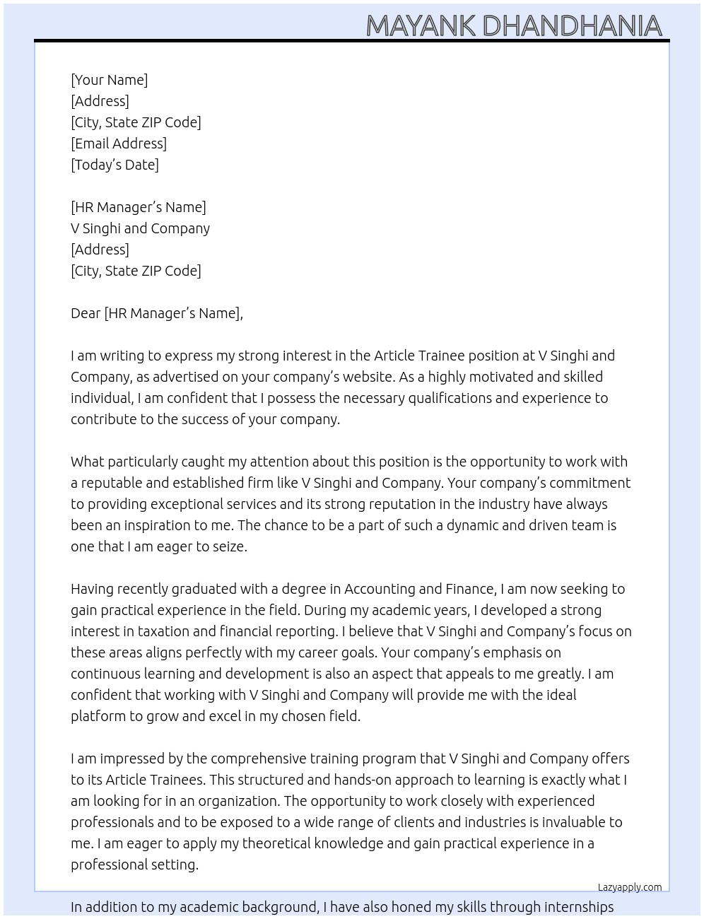 Article trainee At V singhi and company Cover Letter