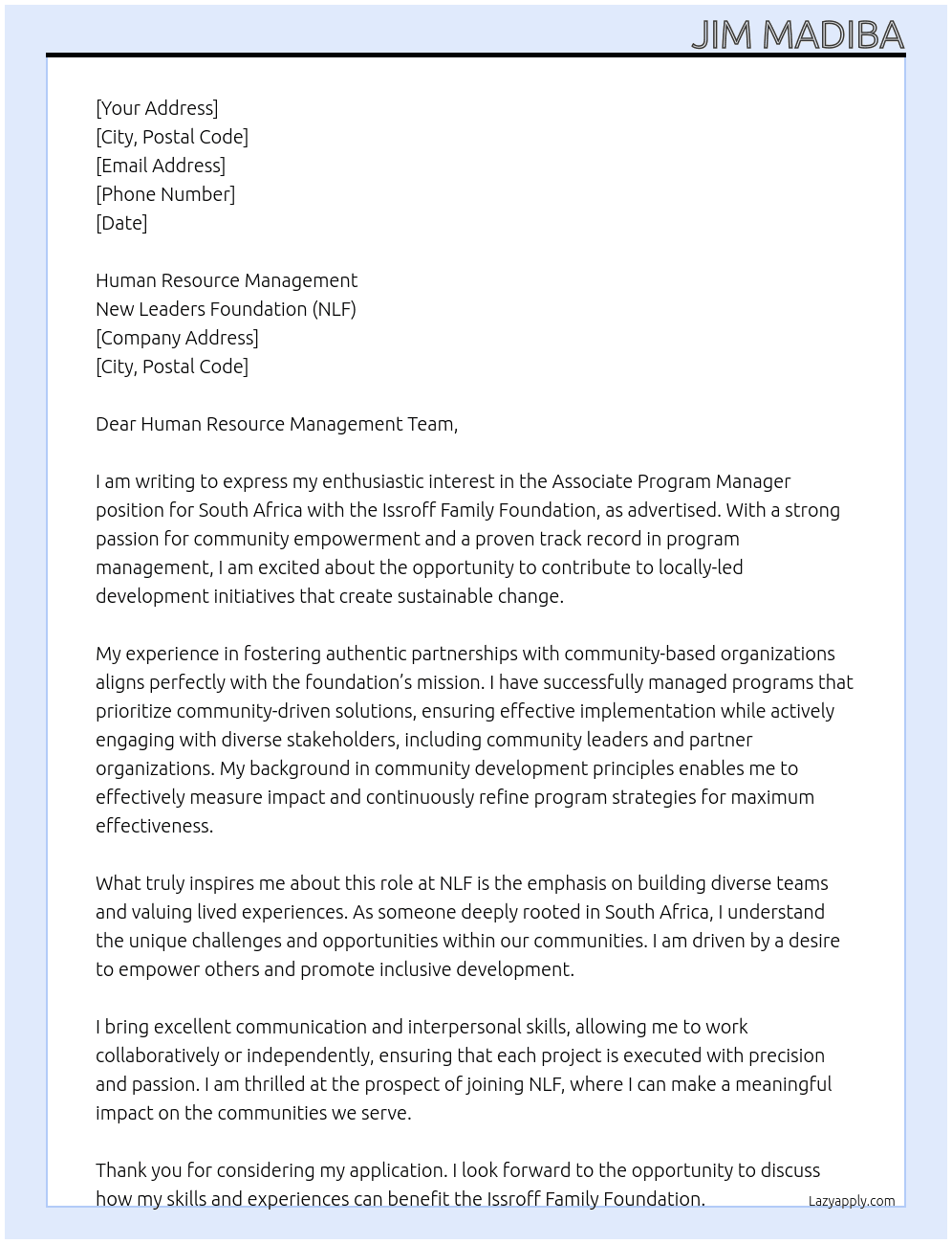 Cover letter for associate program manager for south africa - LazyApply