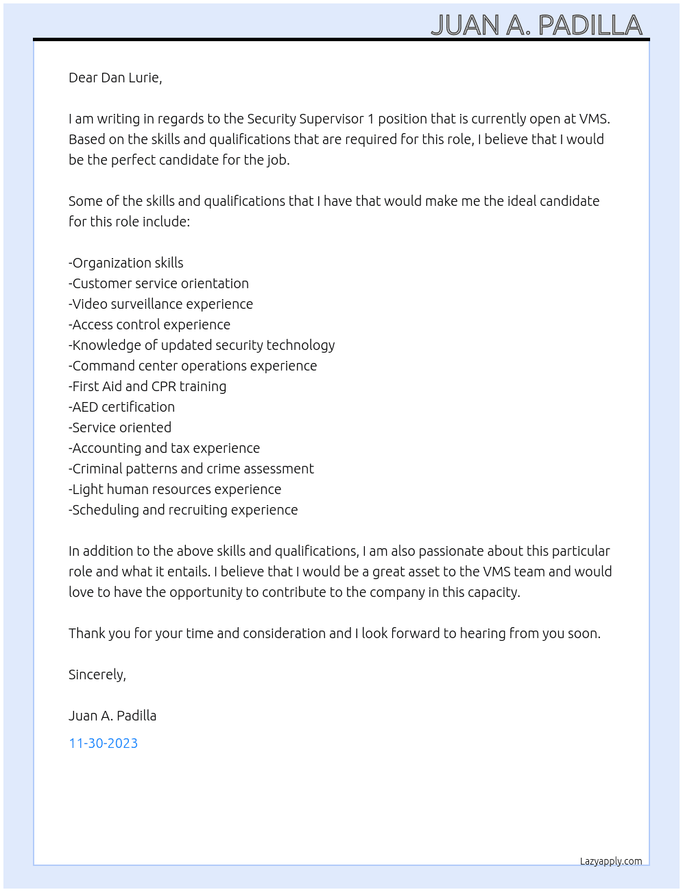 Security Supervisor 1 At VMS Cover Letter