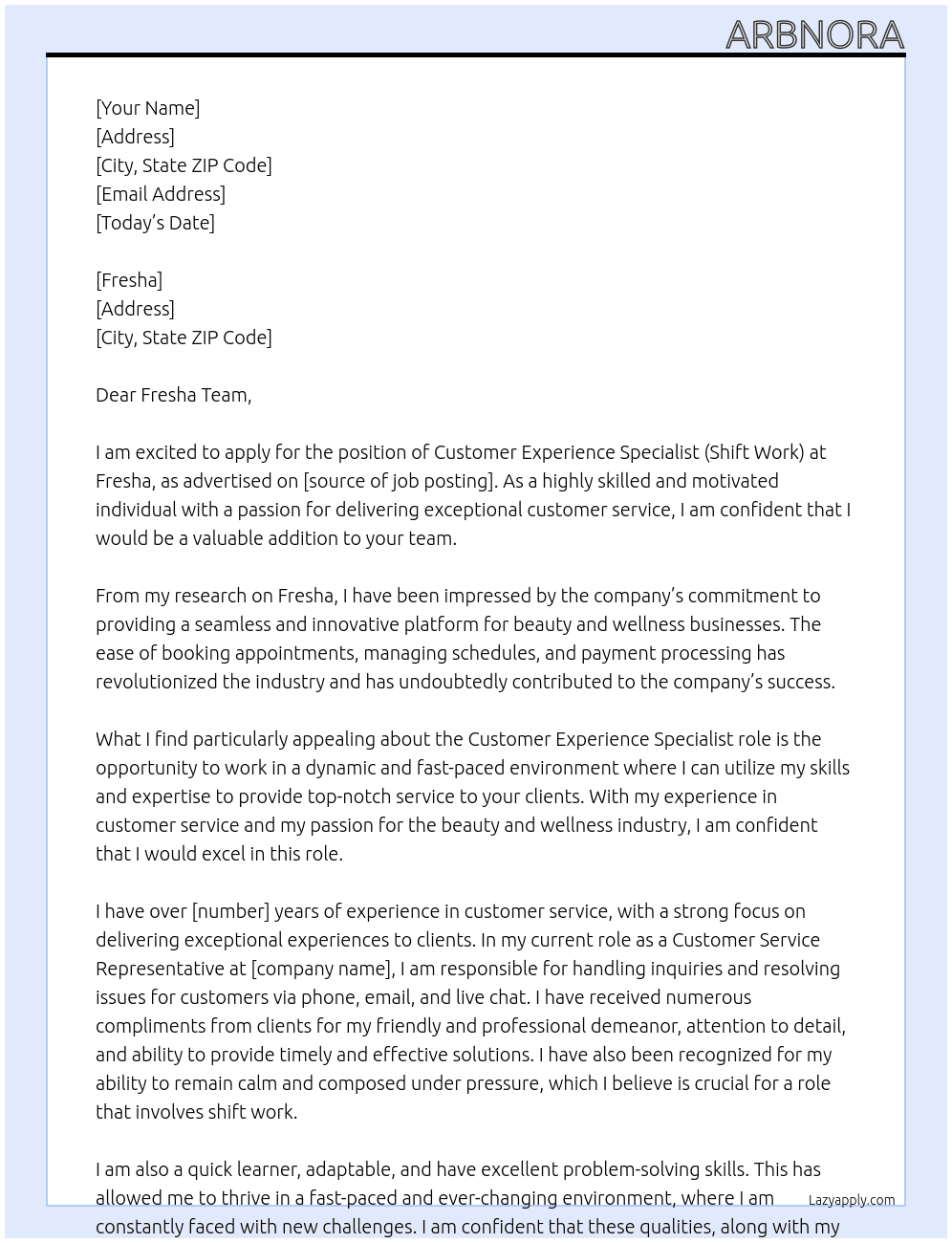 Customer Experience Specialist (Shift Work) At Fresha Cover Letter