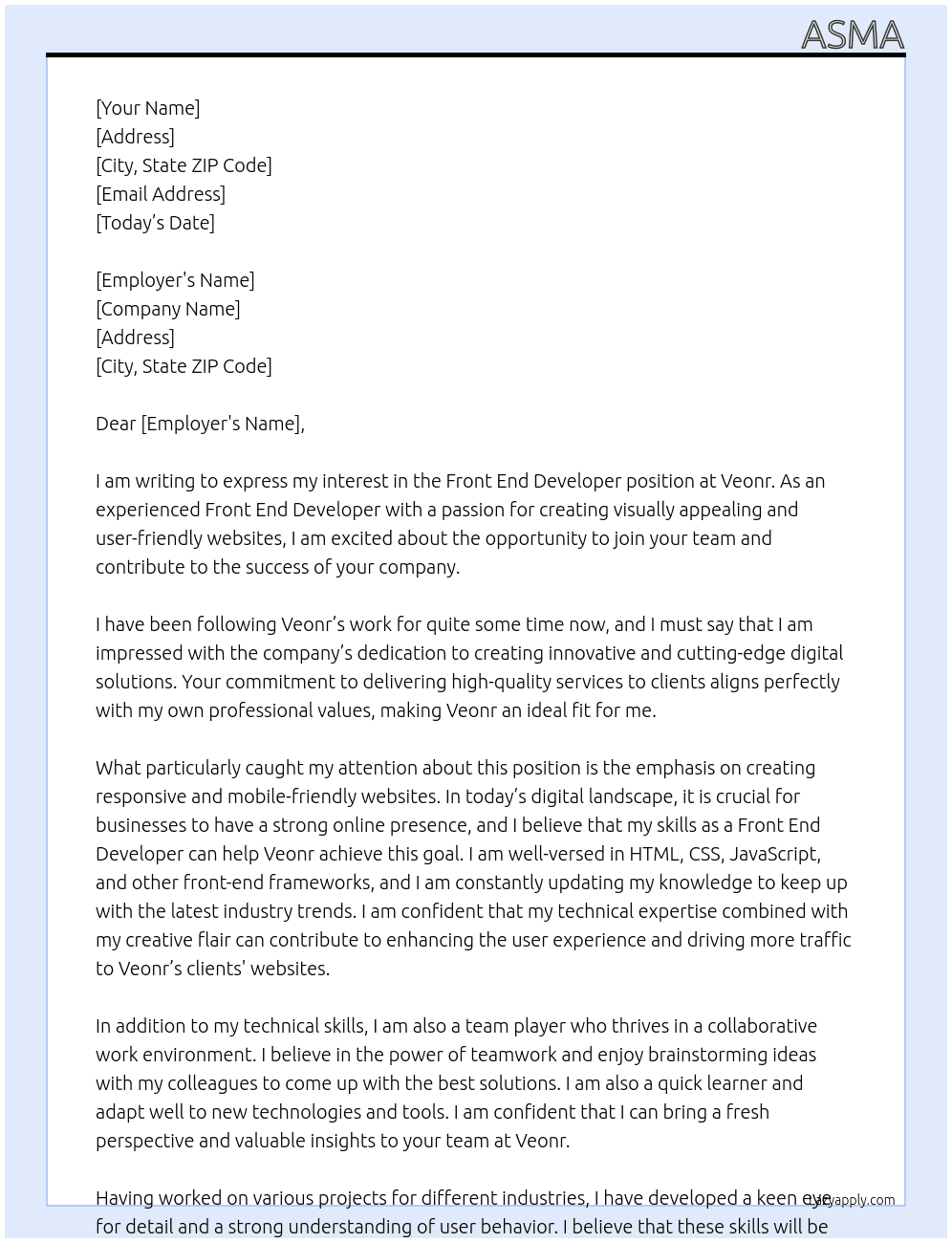 Front End Developer At Veonr Cover Letter
