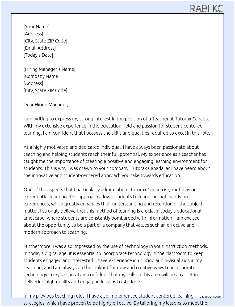 teacher  At Tutorax  Canada Cover Letter