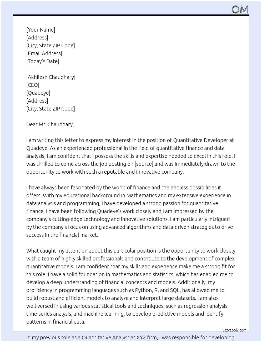 Cover letter for quantitative developer - LazyApply