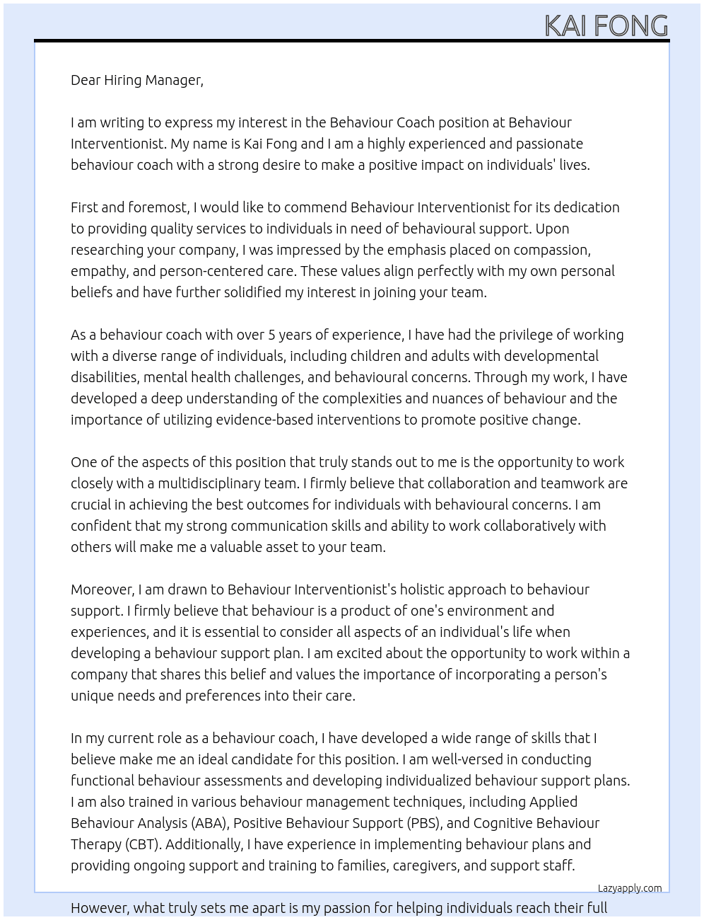 Behaviour coach  At Behaviour interventionist  Cover Letter