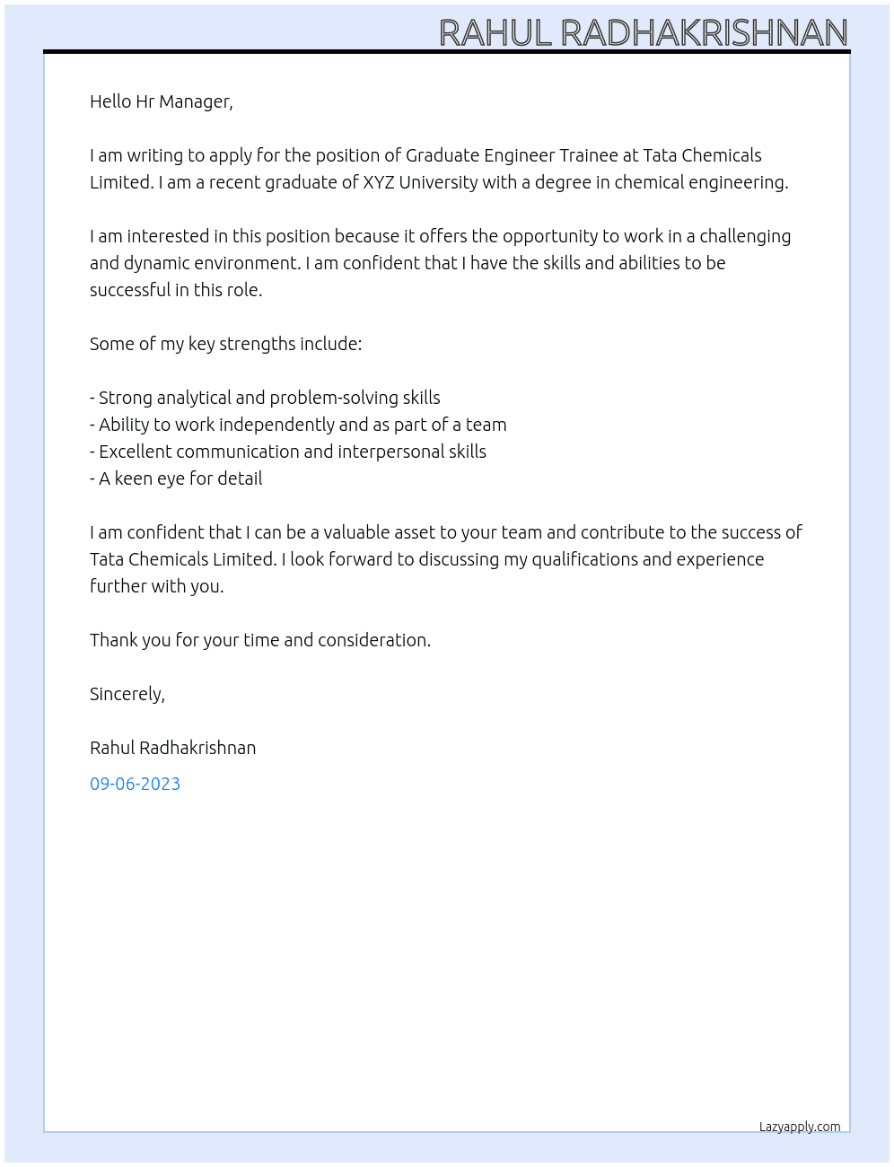 Graduate Engineer Trainee At Tata Chemicals Limited Cover Letter