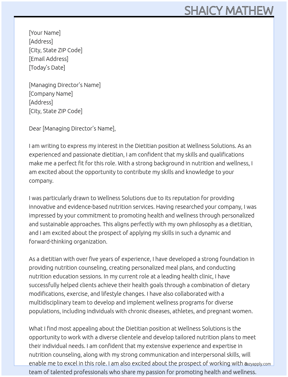 Dietitian  At Wellness solutions  Cover Letter