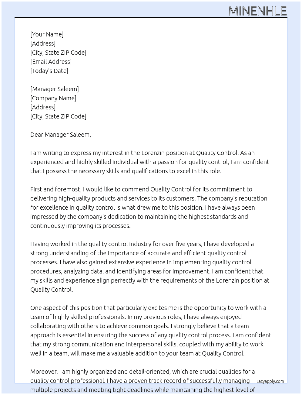 Lorenzin At quality control Cover Letter