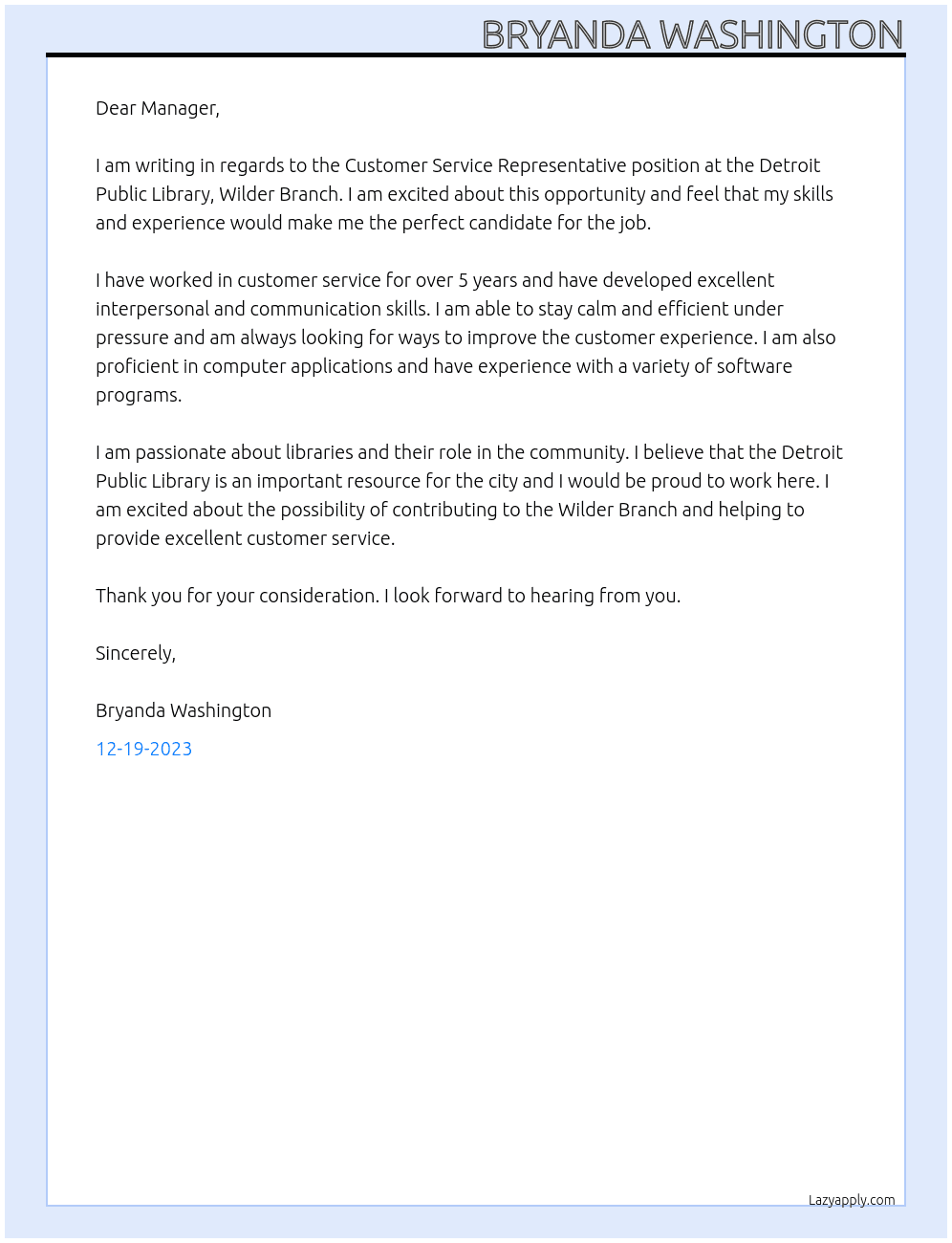 Customer Service Representative At Detroit Public Library, Wilder Branch Cover Letter