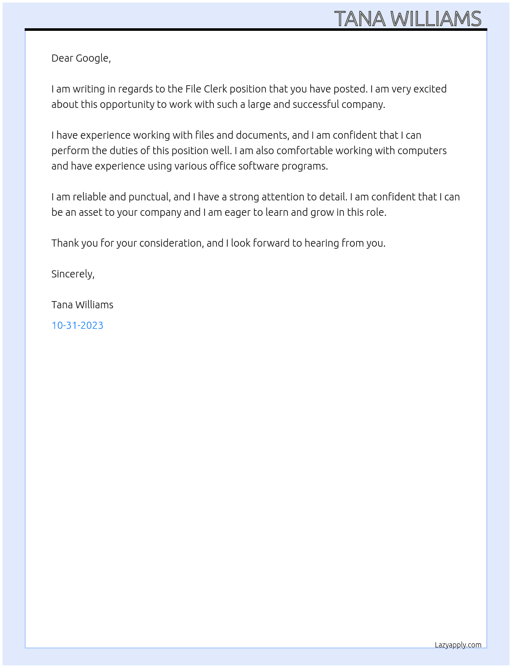 File Clerk  At Google Cover Letter
