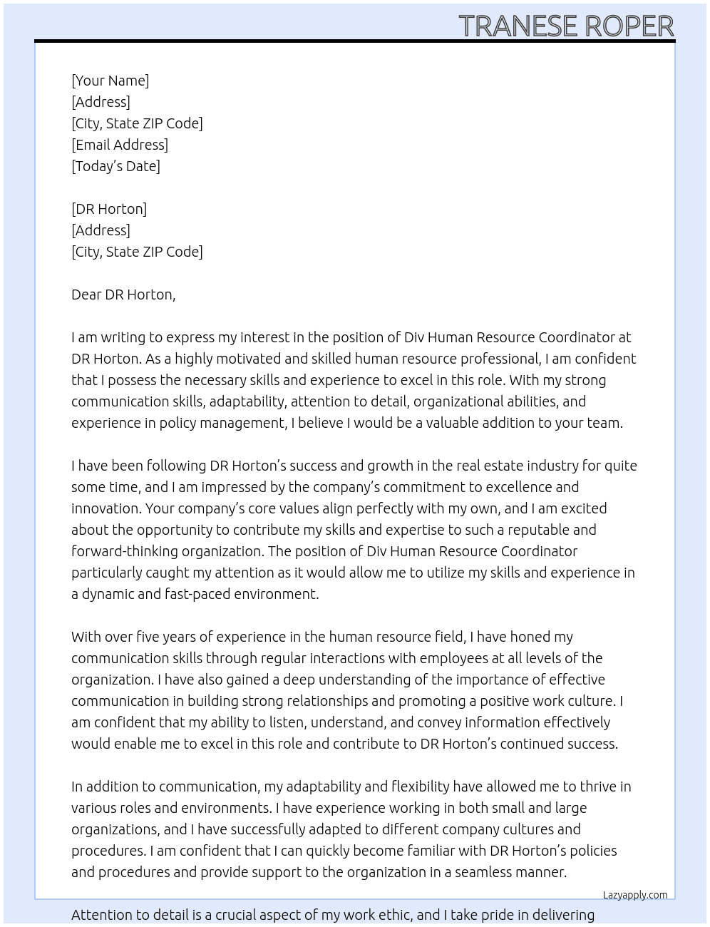 Div Human Resource Coordinator At DR Horton Cover Letter