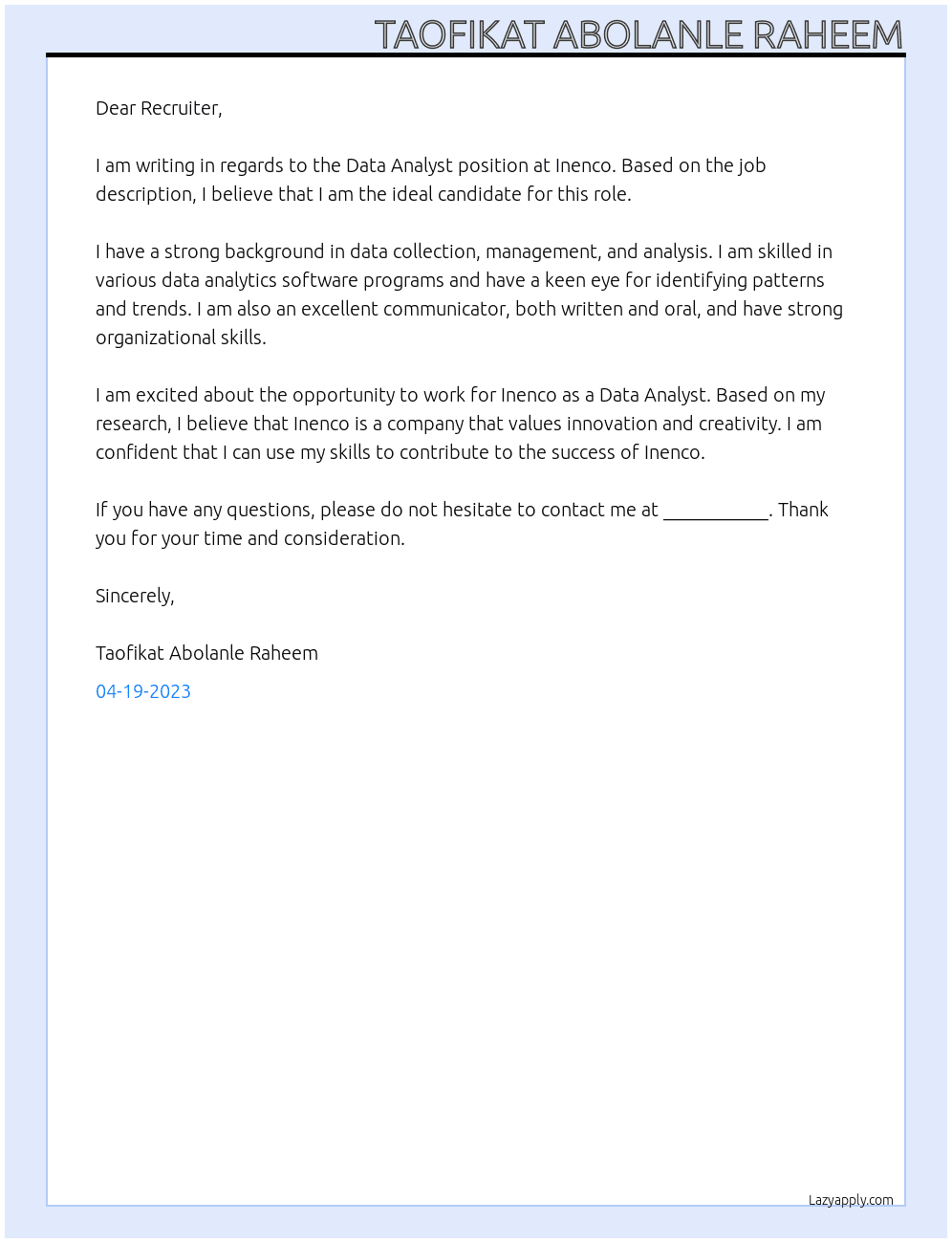 Data Analyst At Inenco Cover Letter