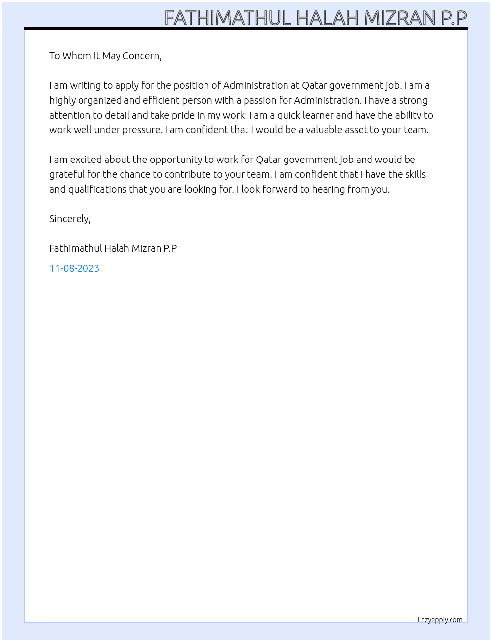 Administration  At Qatar government job Cover Letter