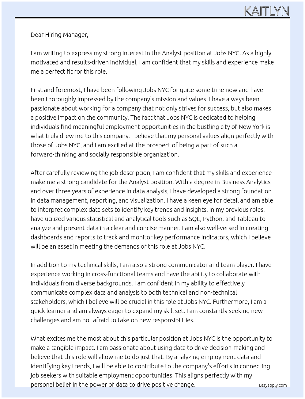 Analyst At Jobs NYC Cover Letter