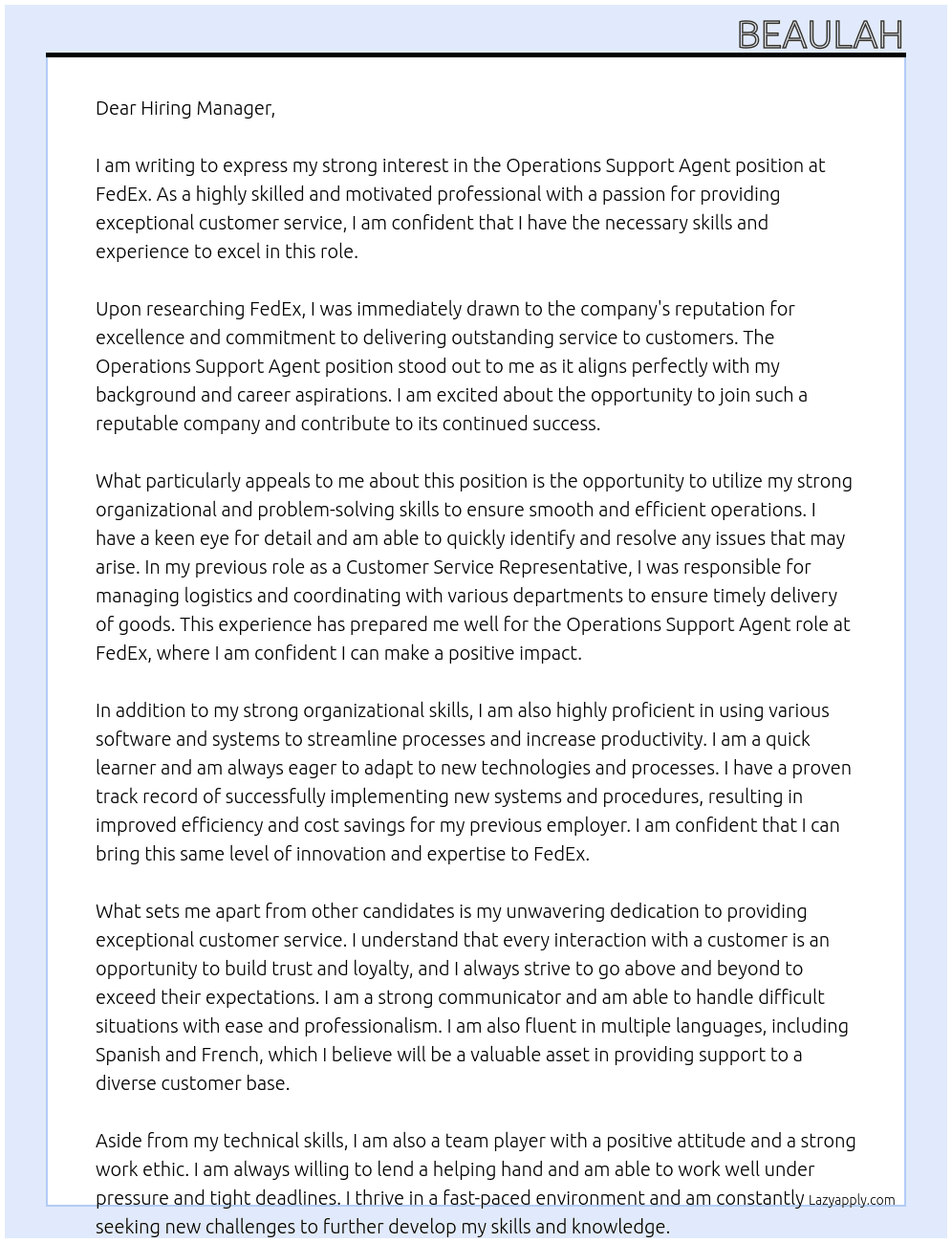 Operations support agent At FedEx Cover Letter