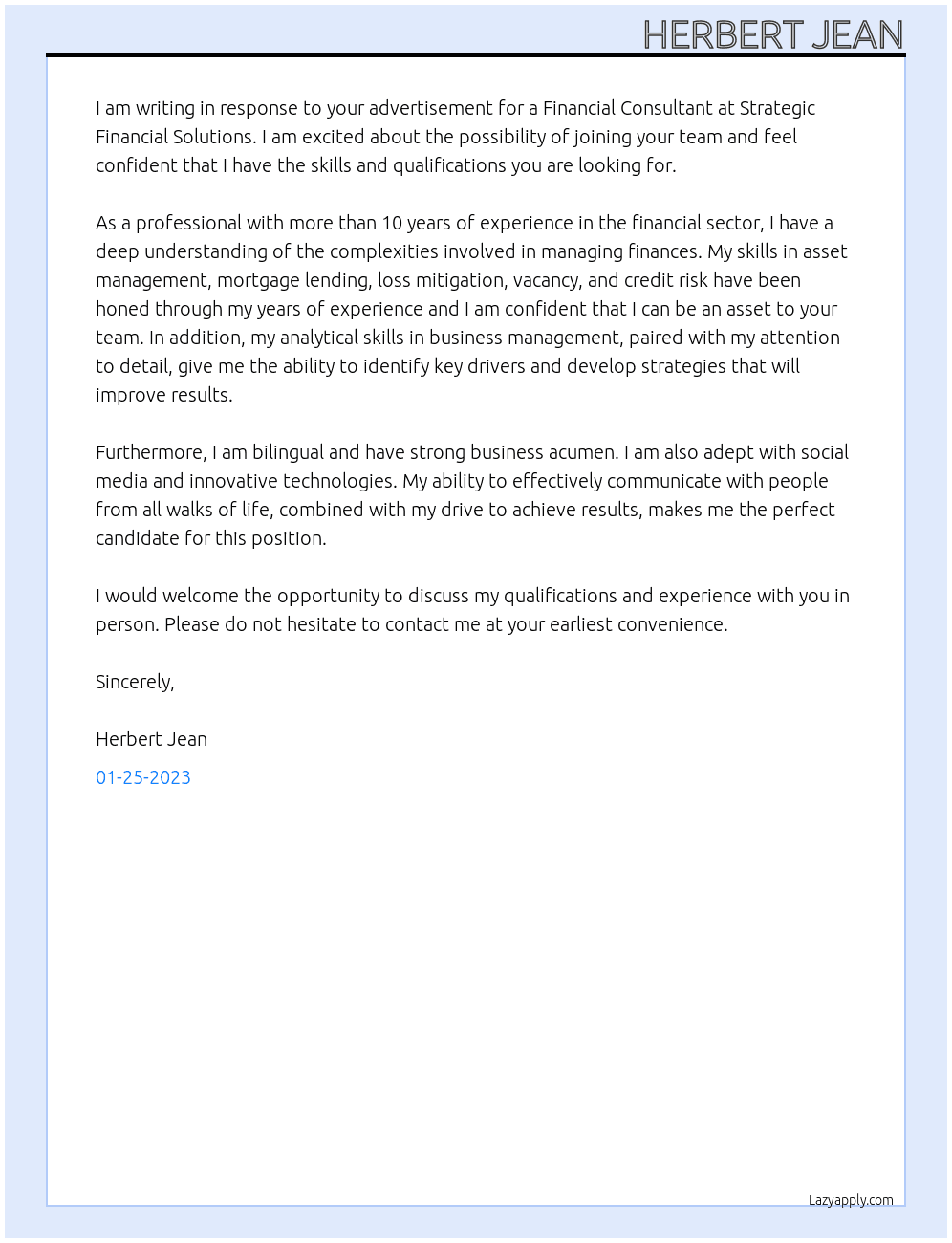 Financial Consultant At Strategic Financial Solutions Cover Letter