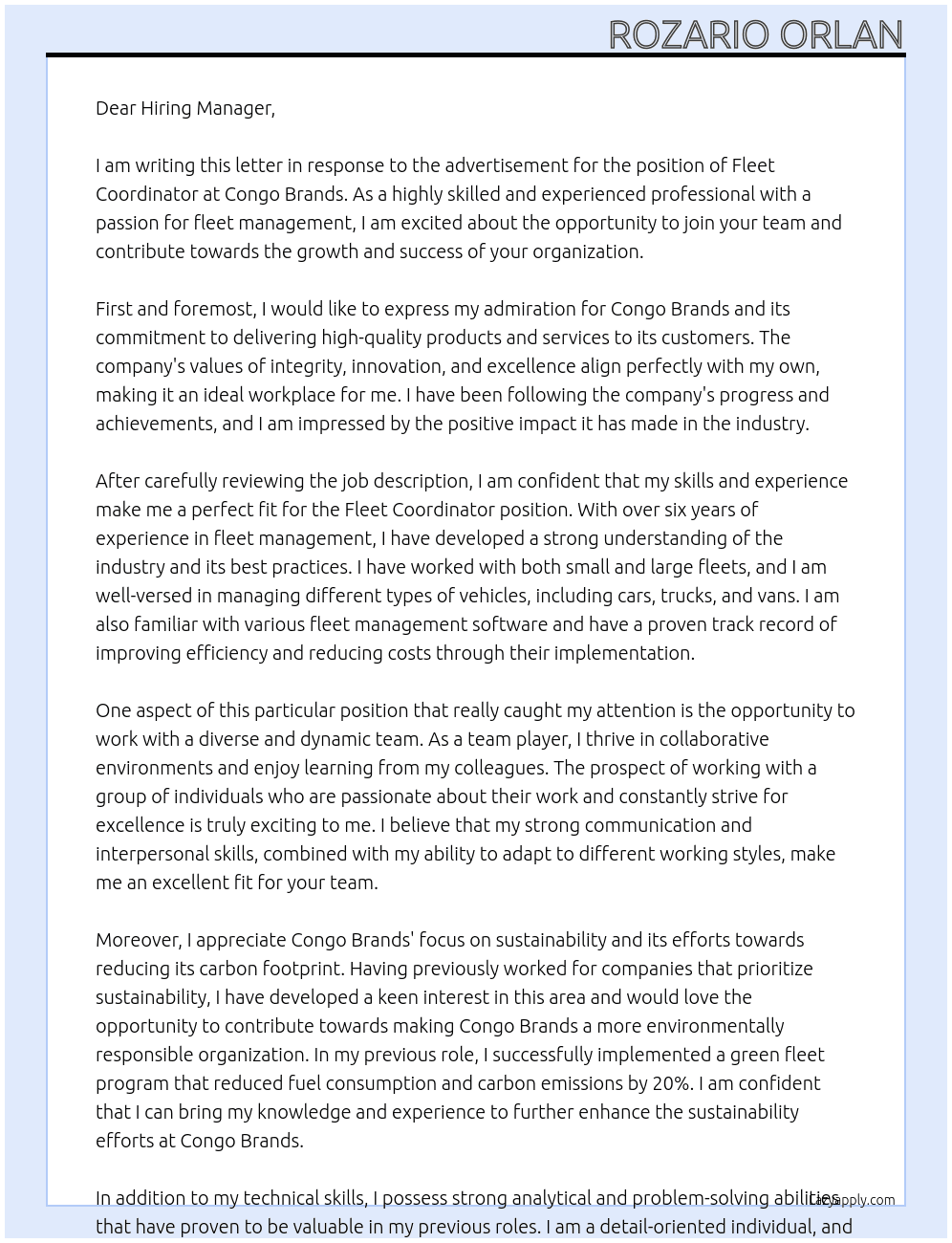 Fleet Coordinator At Congo Brands  Cover Letter