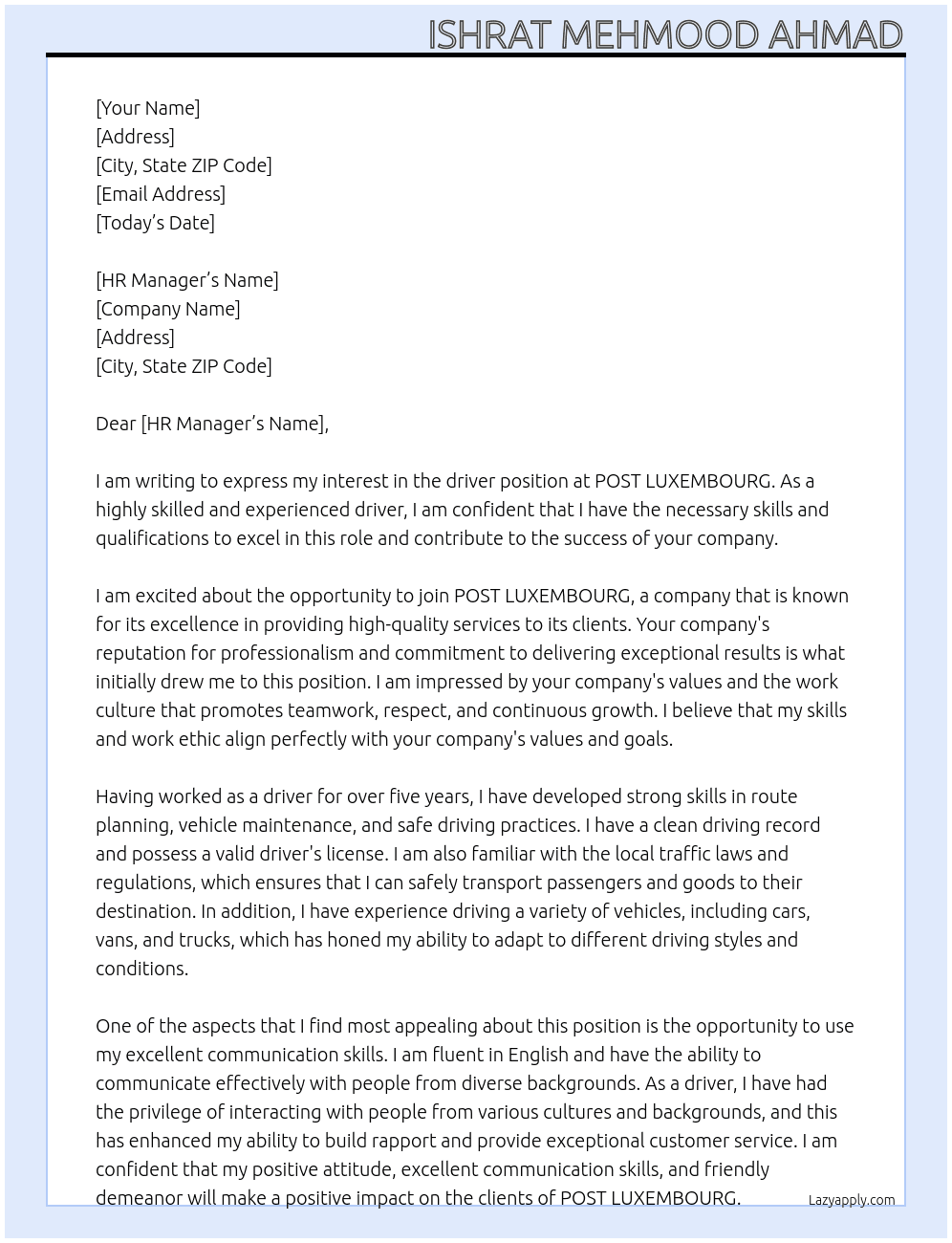 driver At POST LUXEMBOURG Cover Letter