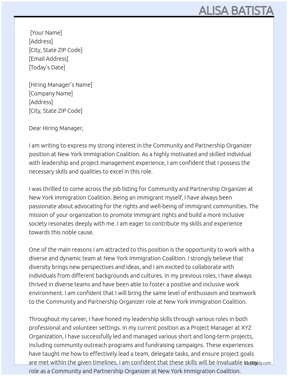 Community and Partnership Organizer At New York Immigration Coalition Cover Letter
