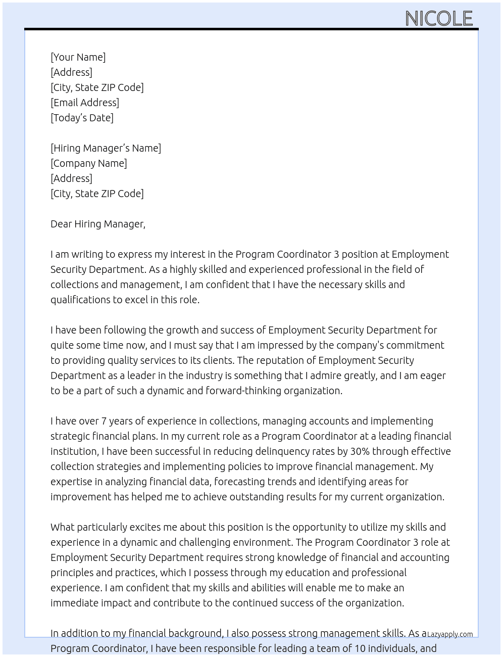 Program Coordinator 3 At Employment Security Department Cover Letter