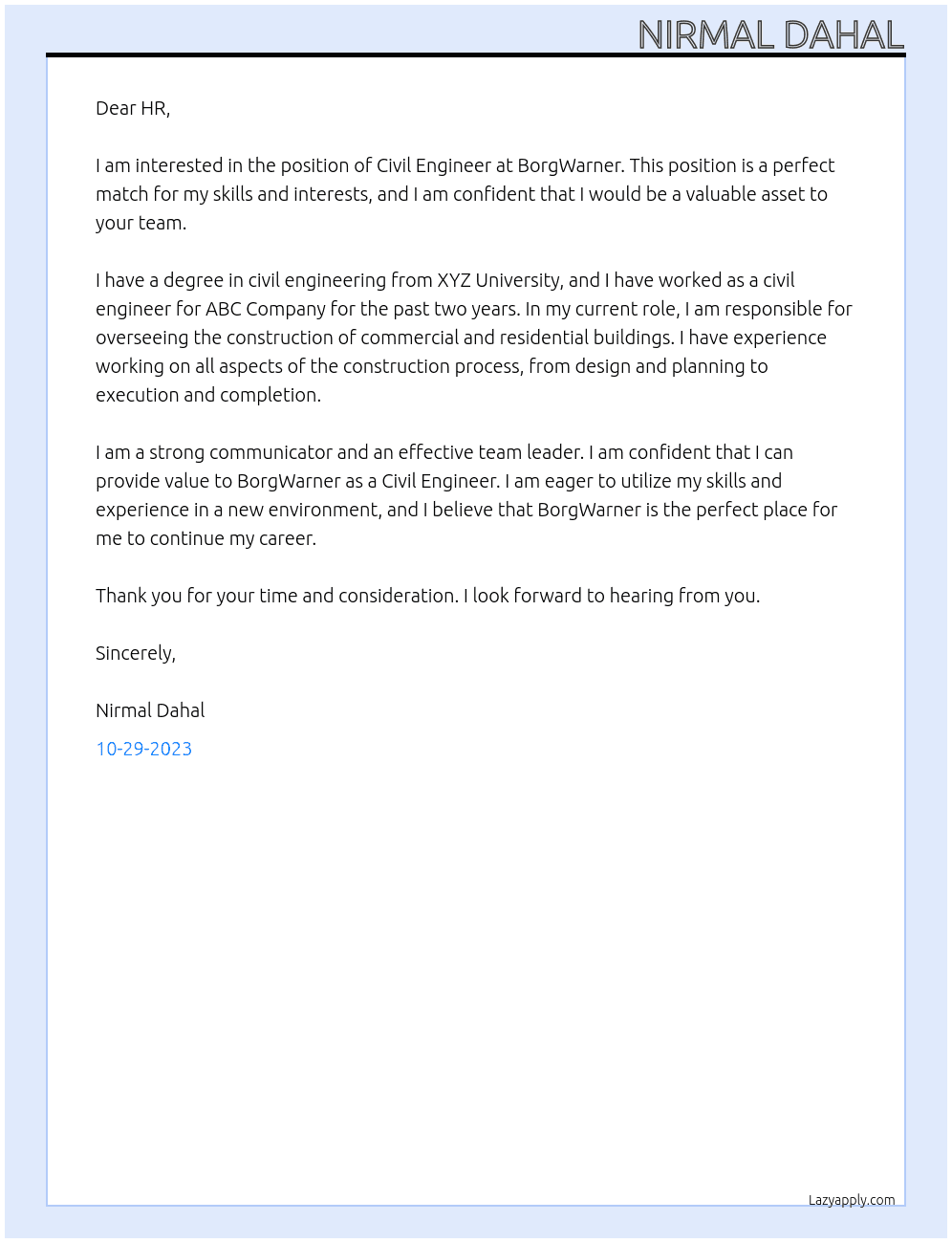 Civil Engineer At BorgWarner Cover Letter