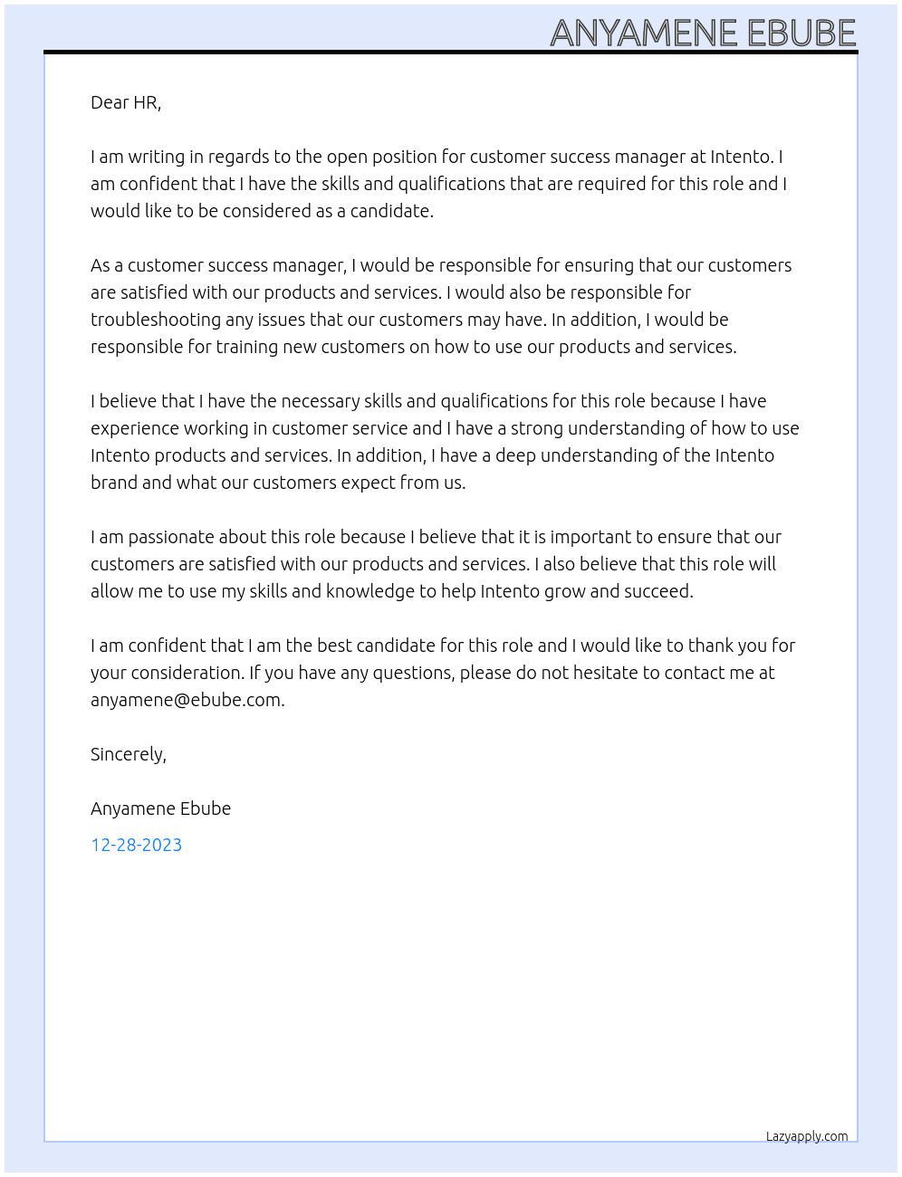 customer success manager  At intento Cover Letter