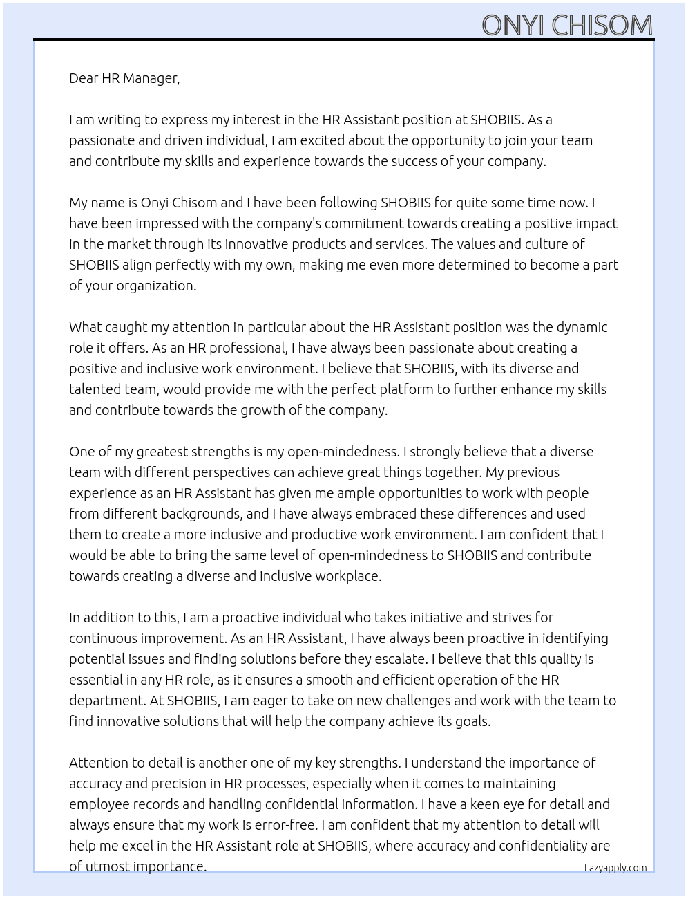 HR ASSISTANT At SHOBIIS Cover Letter