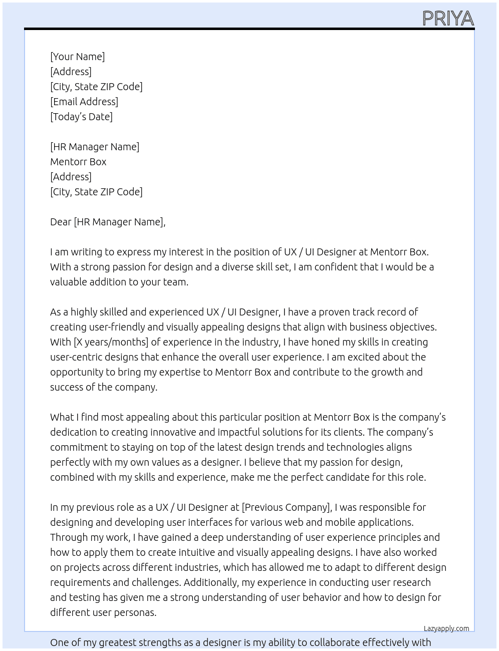UX / UI designer At Mentorr box Cover Letter