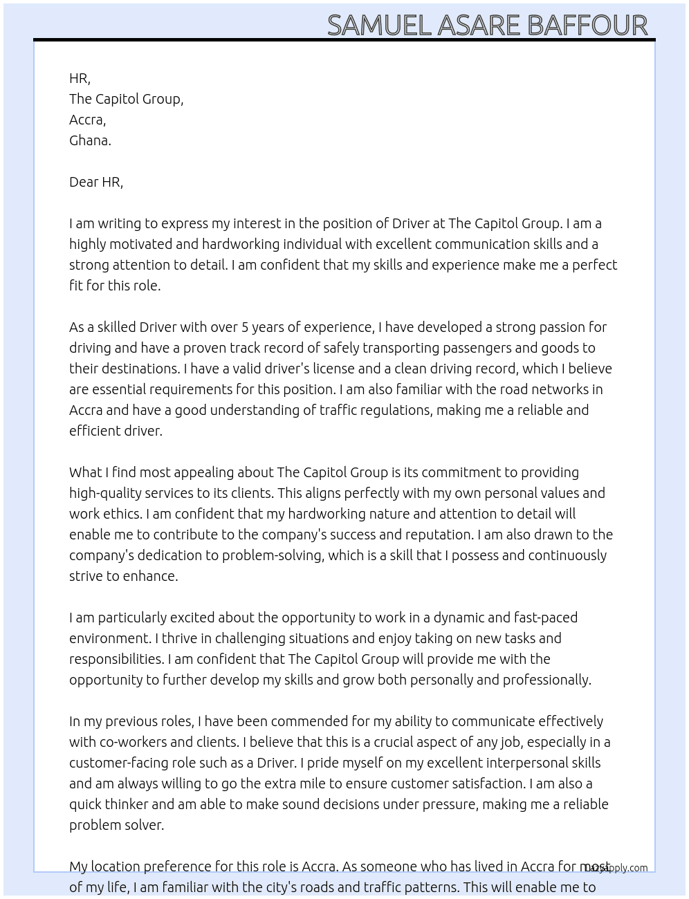 Driver  At The Capital Group  Cover Letter