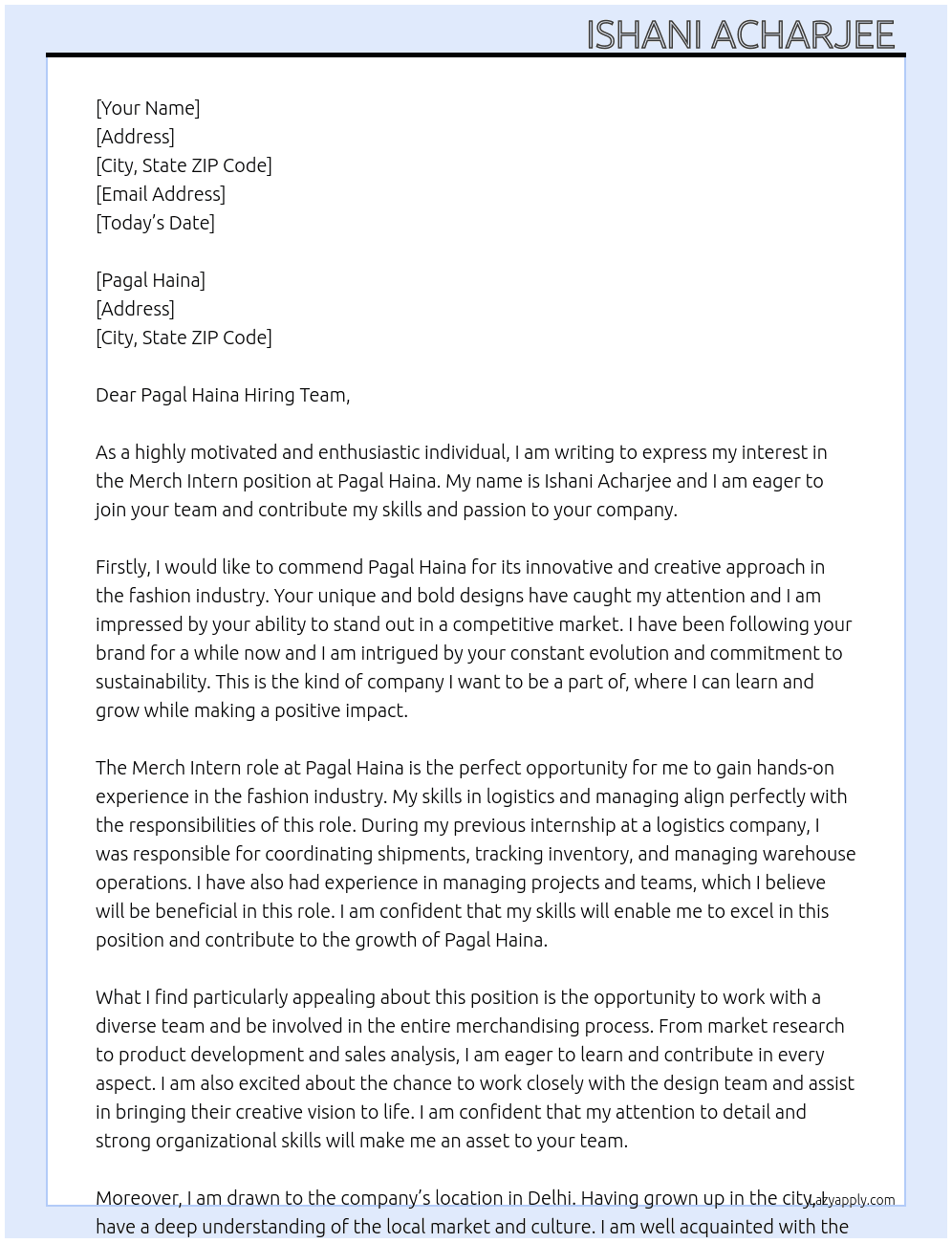 Merch intern  At Pagal Haina  Cover Letter