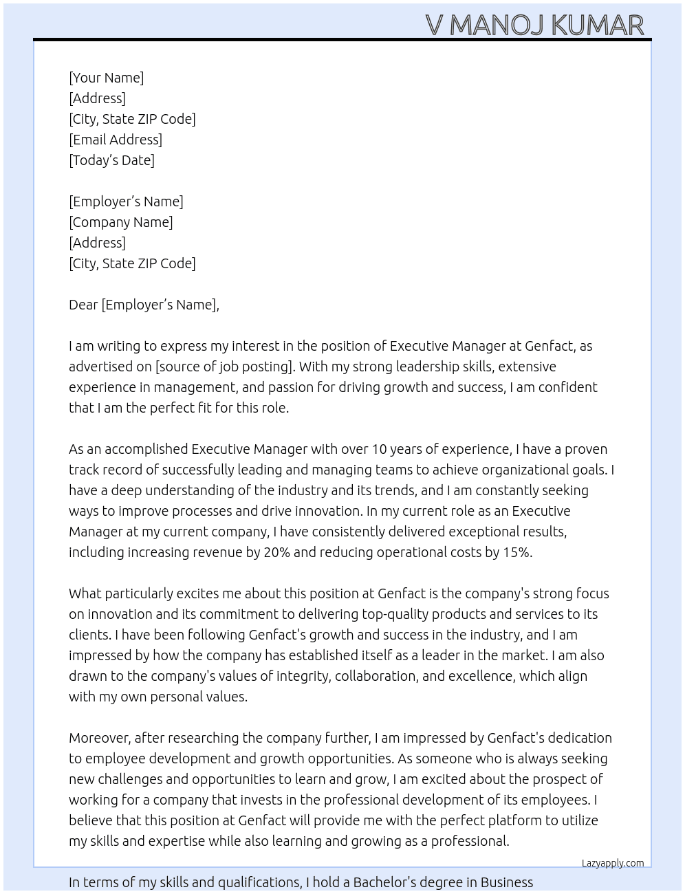 Executive manager  At Genfact Cover Letter