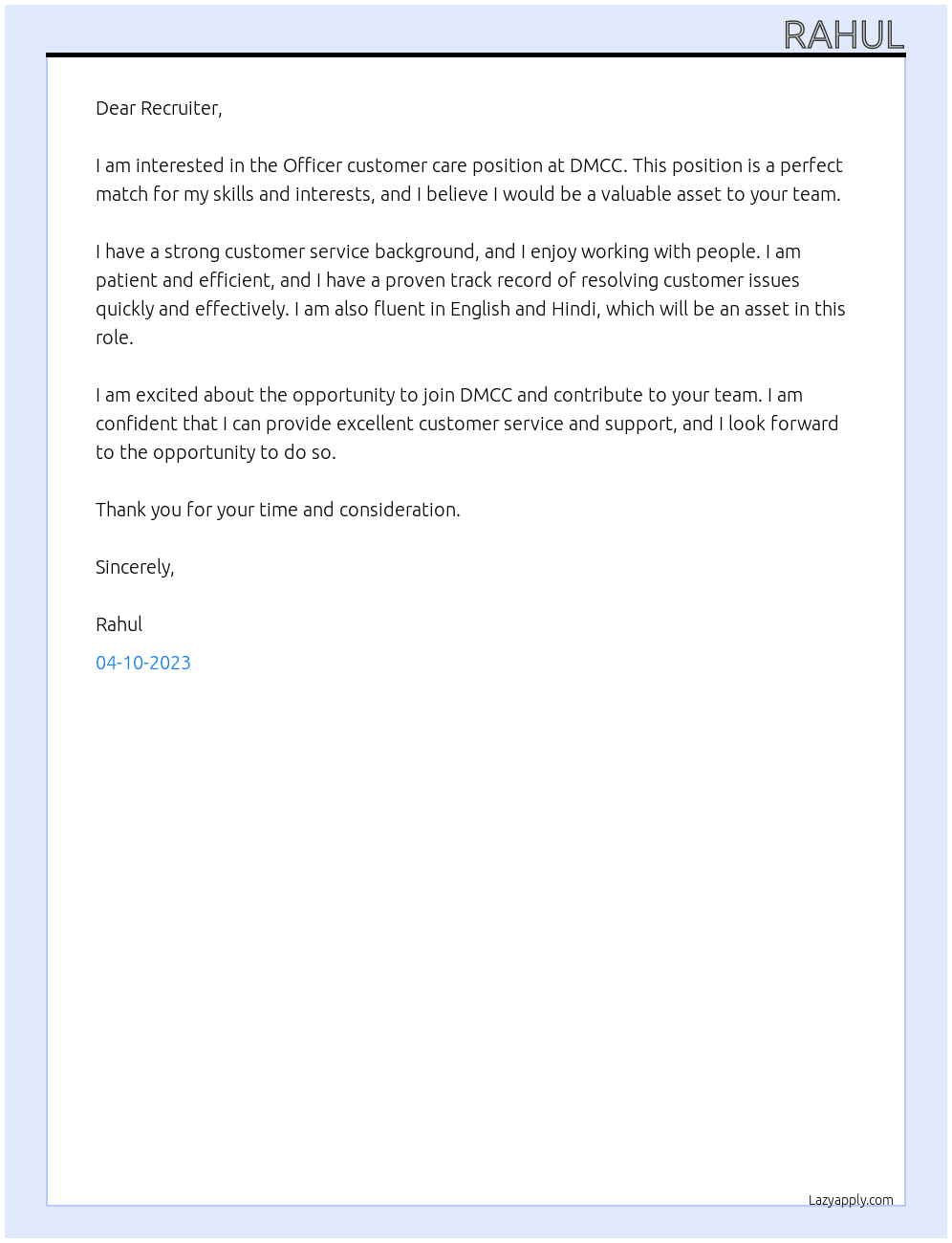 Officer customer care At DMCC Cover Letter