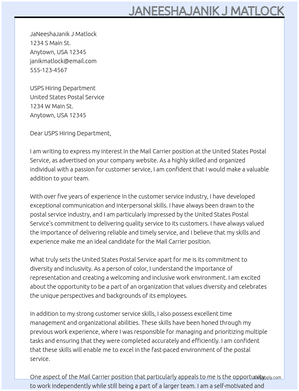Mail Carrier At Unites States Postal Service Cover Letter