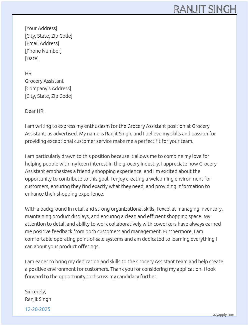 Grocery Assistant At Grocery Assistant Cover Letter
