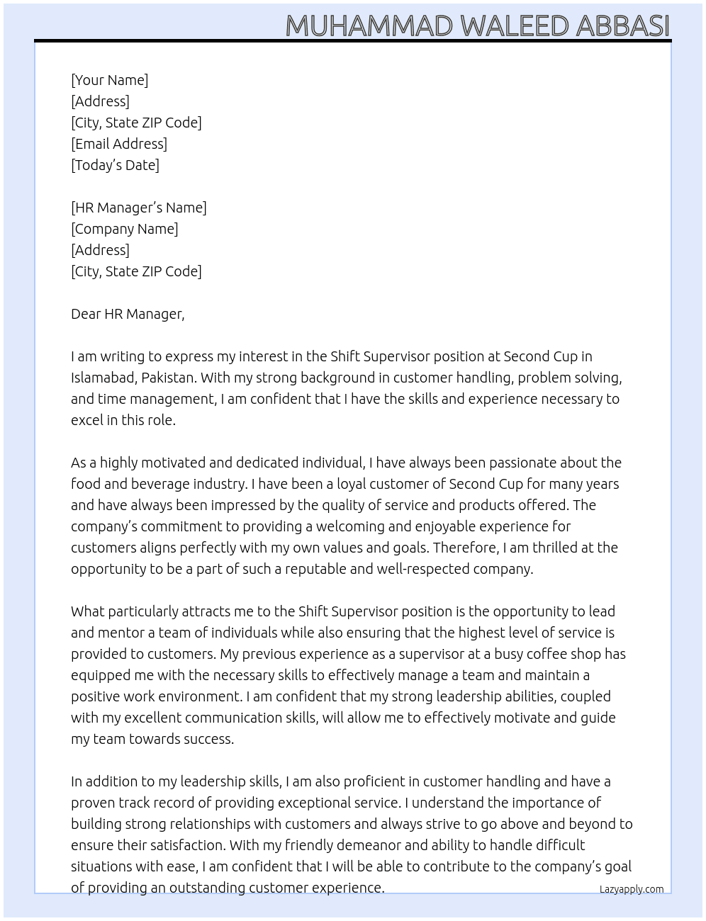Shift Supervisor At Second Cup Cover Letter