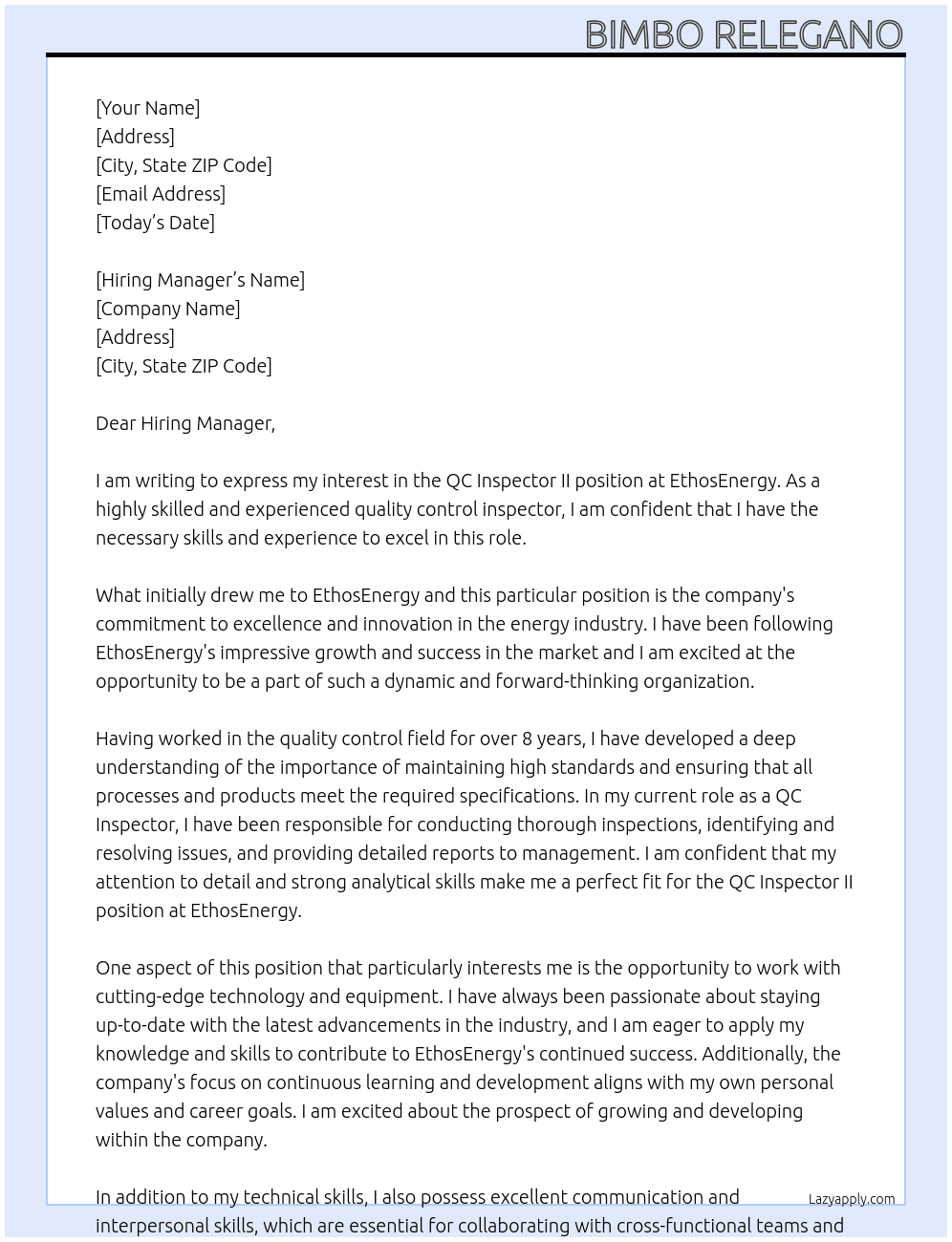 QC Inspector II At EthosEnergy Cover Letter