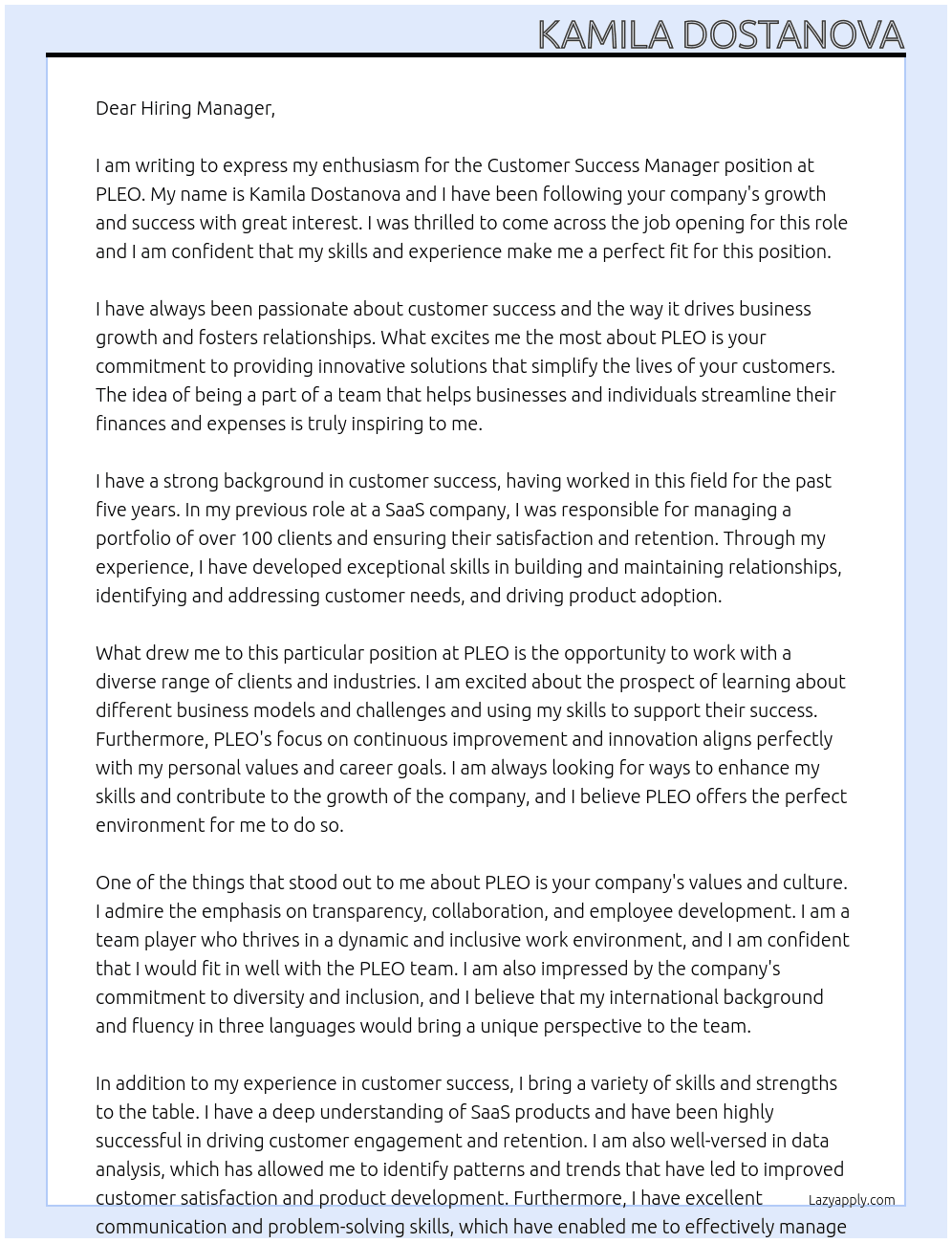 Customer Success Manager At PLEO Cover Letter