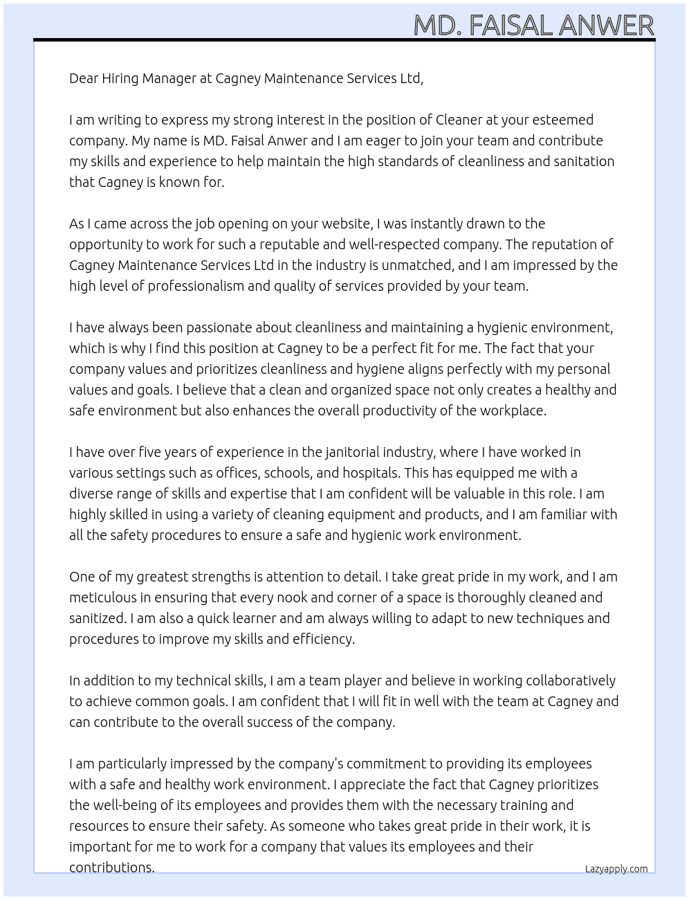 Cleaner At Cagney Maintenance Services Ltd Cover Letter
