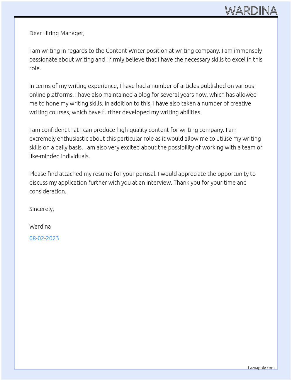 Content Writer At writing company Cover Letter
