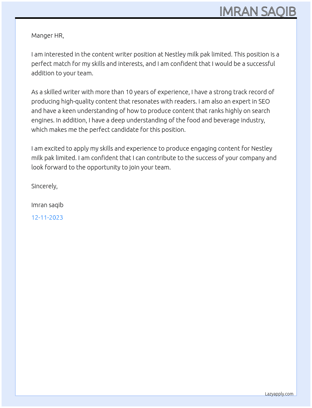  Content writer  At Nestley milk pak limited Cover Letter