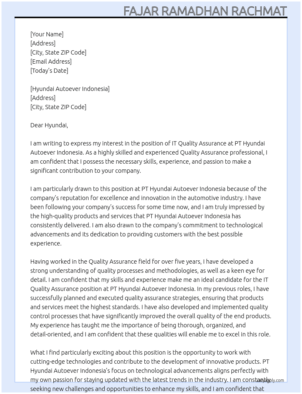 IT Quality Assurance At PT Hyundai Autoever Indonesia Cover Letter