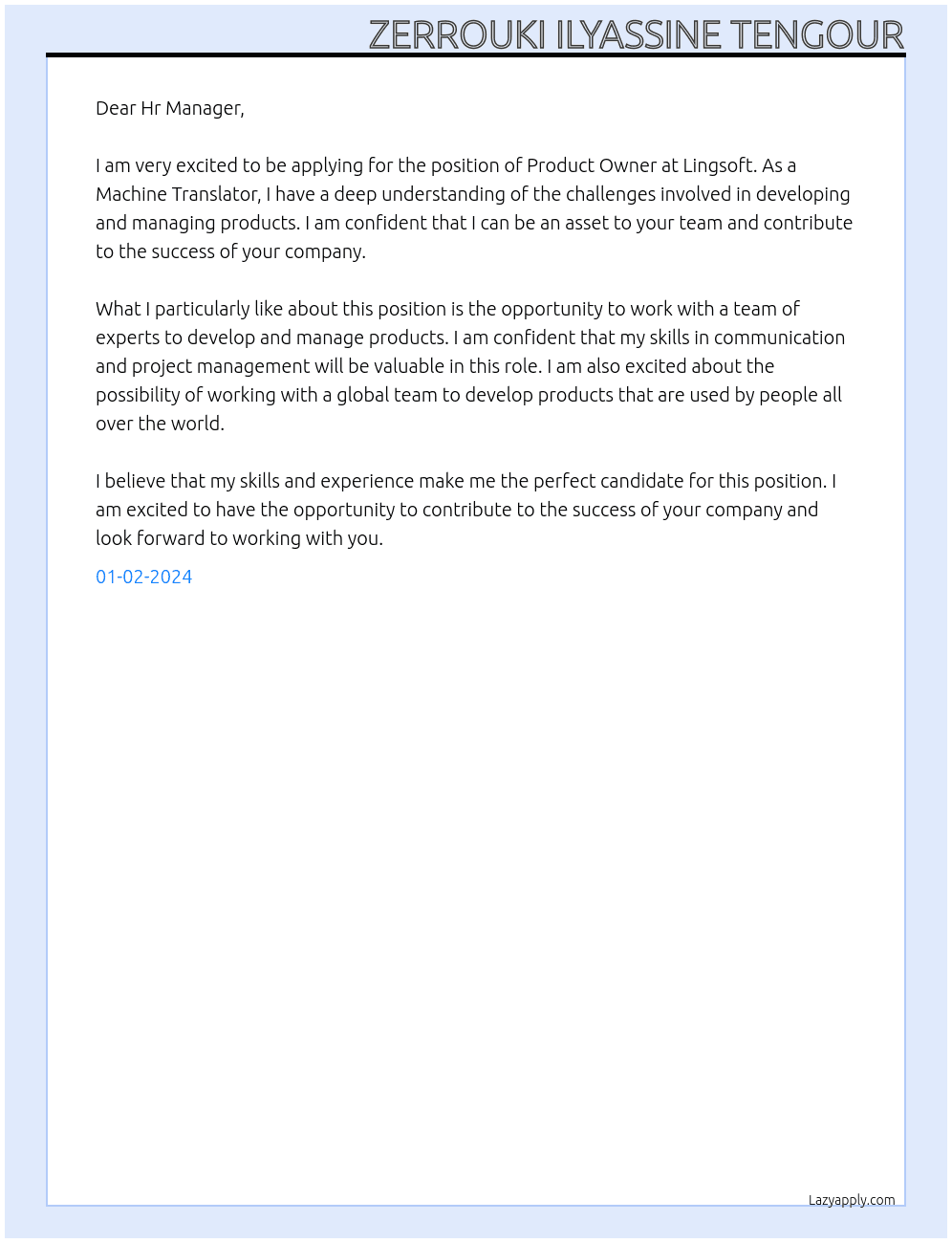 Product owner,Machine Translator At Lingsoft Cover Letter