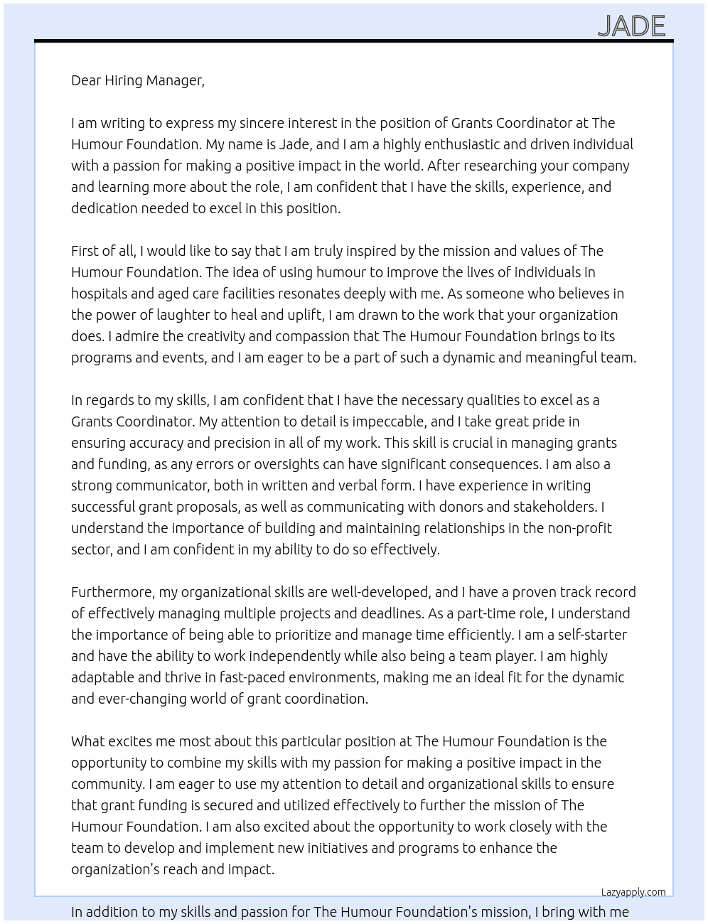 Grants Coordinator  At The Humour Foundation  Cover Letter