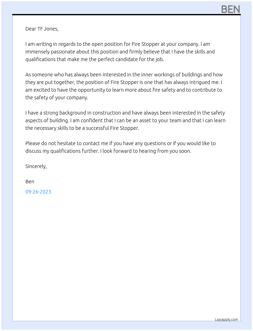 Fire Stopper At TF Jones Cover Letter