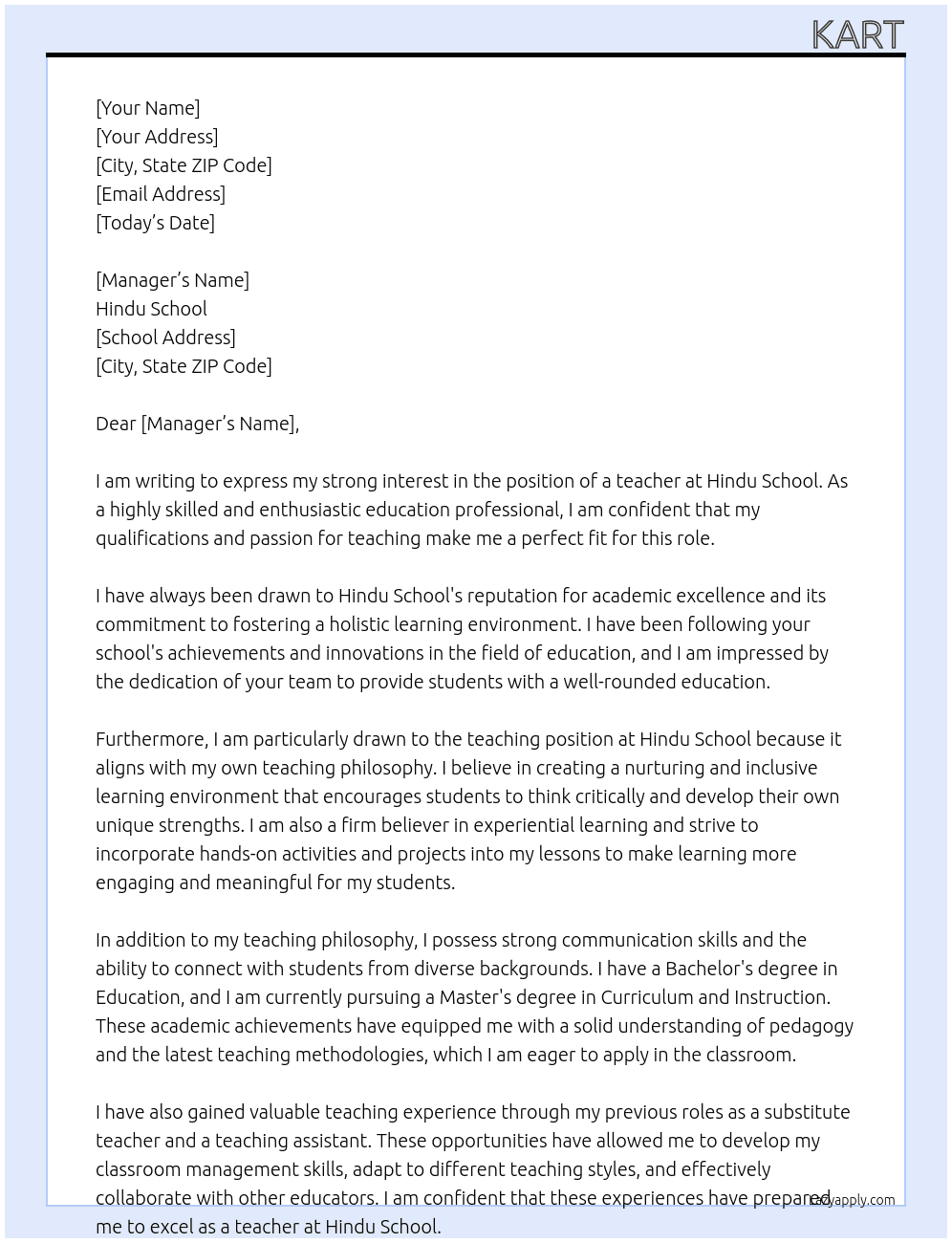 teacher At HIndu Cover Letter