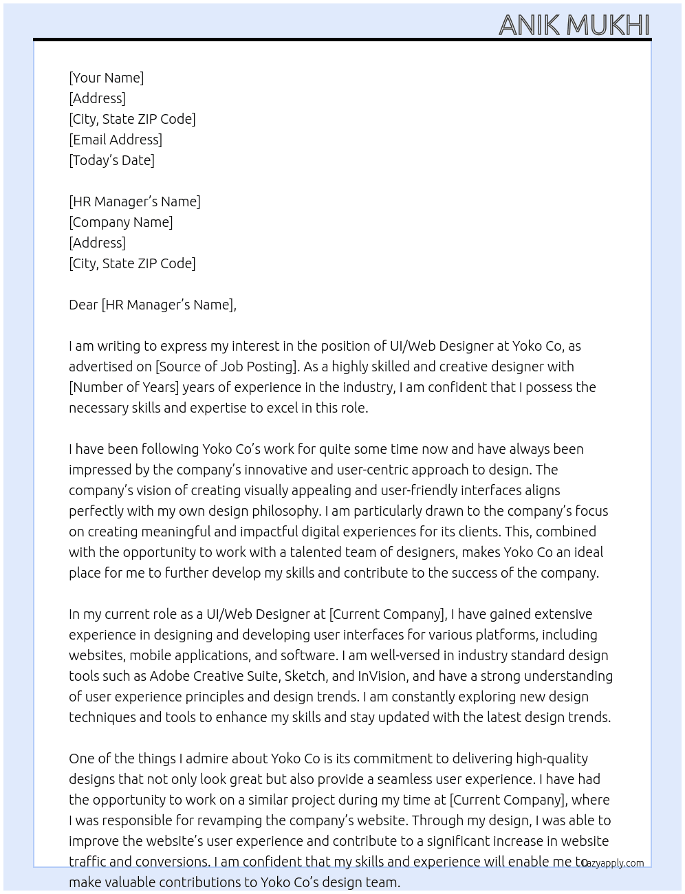 UI UI/Web Designer At Yoko Co Cover Letter