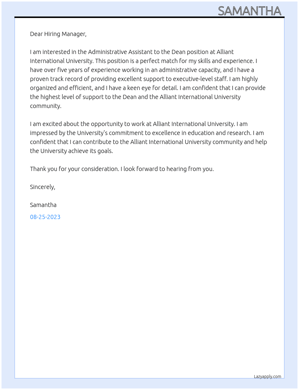 Administrative Assistant to the Dean  At Alliant International University. Cover Letter