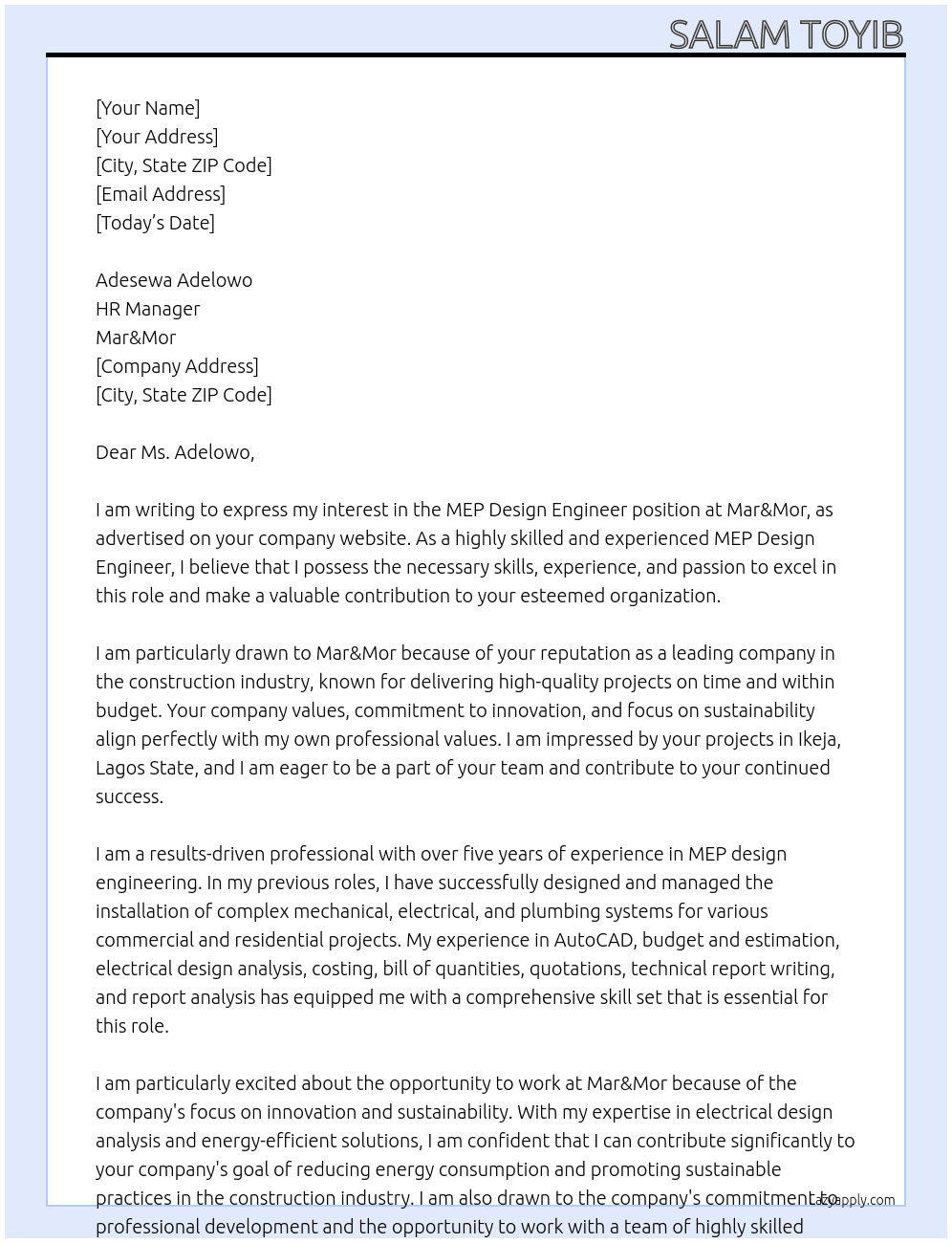 MEP Design Engineer At Mar&Mor Cover Letter